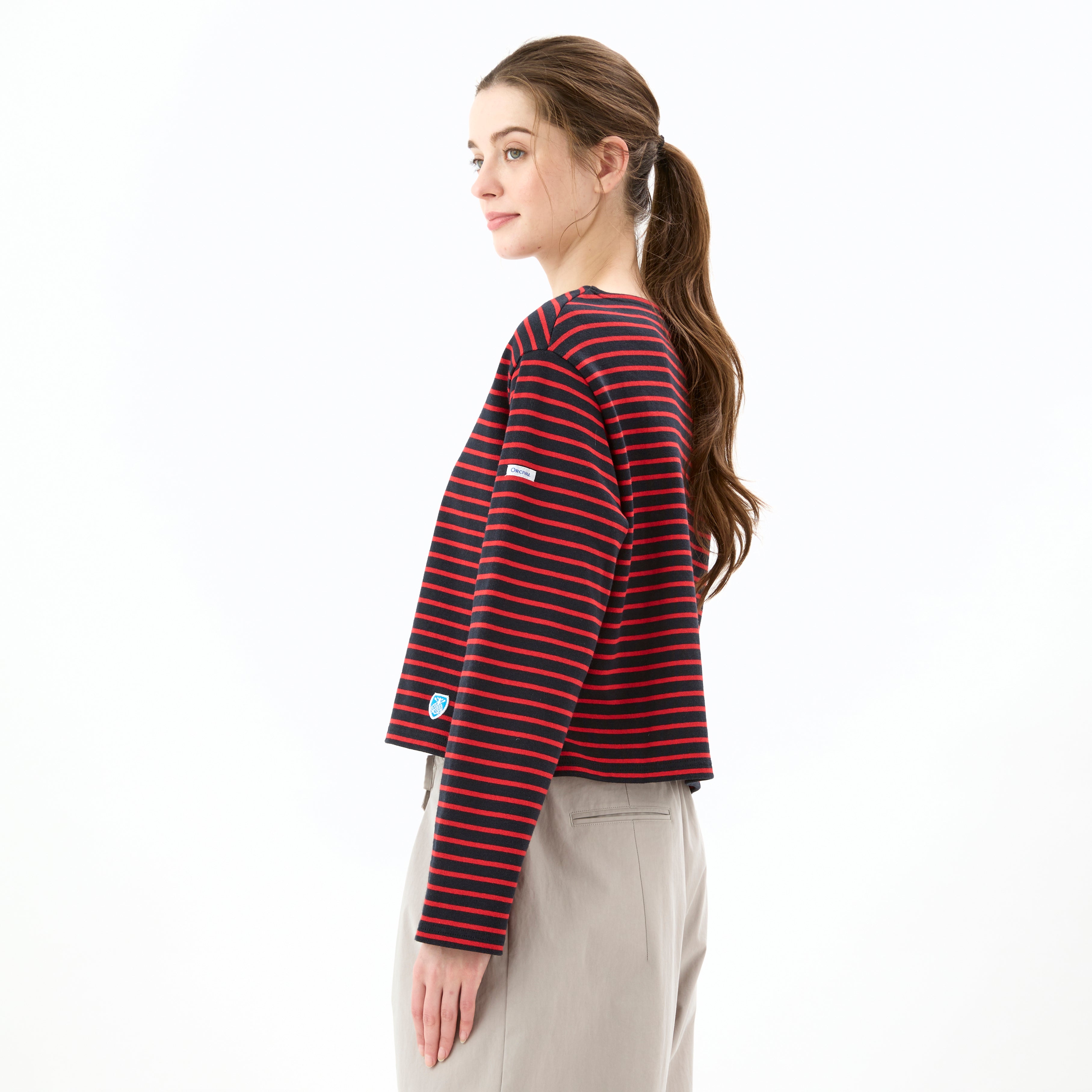 Women's Cotton Lourd Cropped Basque Shirt Narrow Stripe