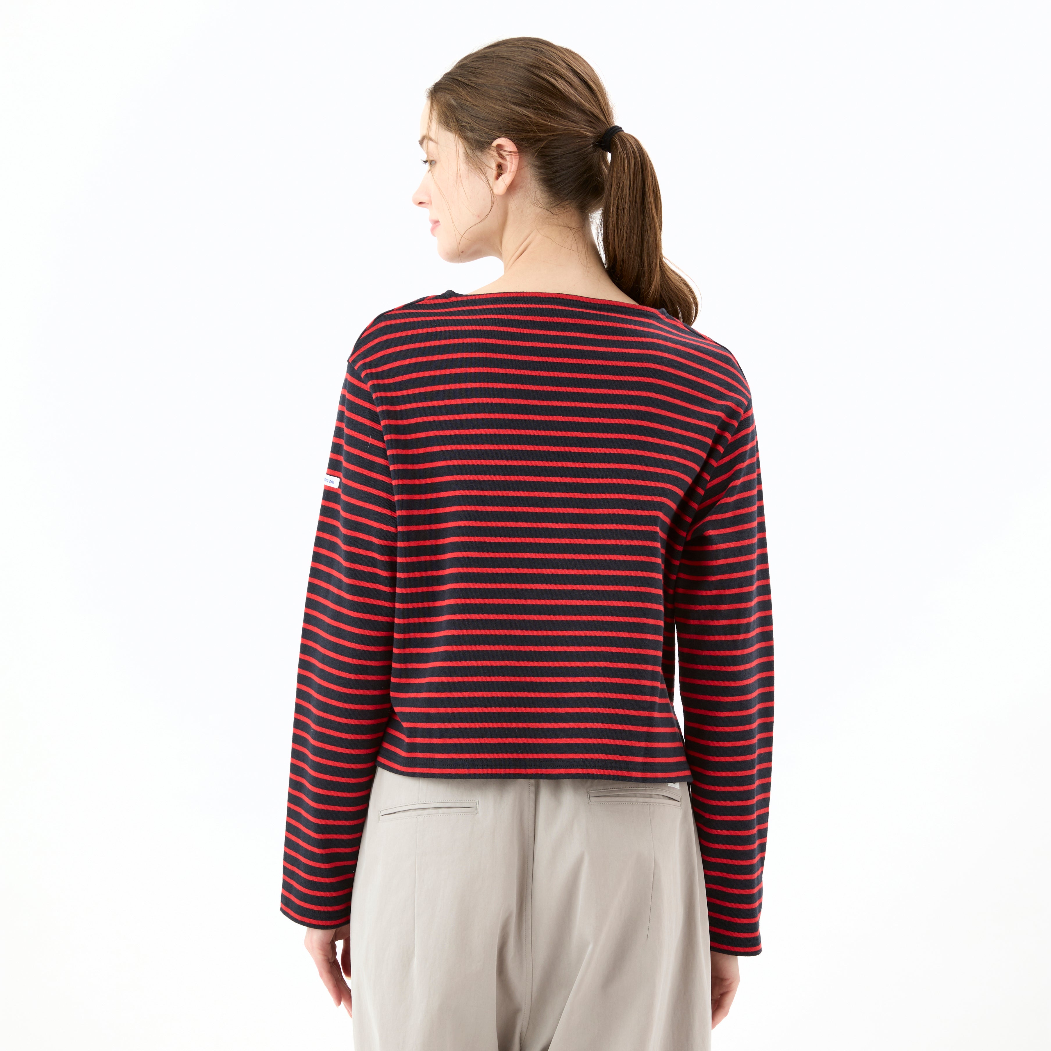 Women's Cotton Lourd Cropped Basque Shirt Narrow Stripe