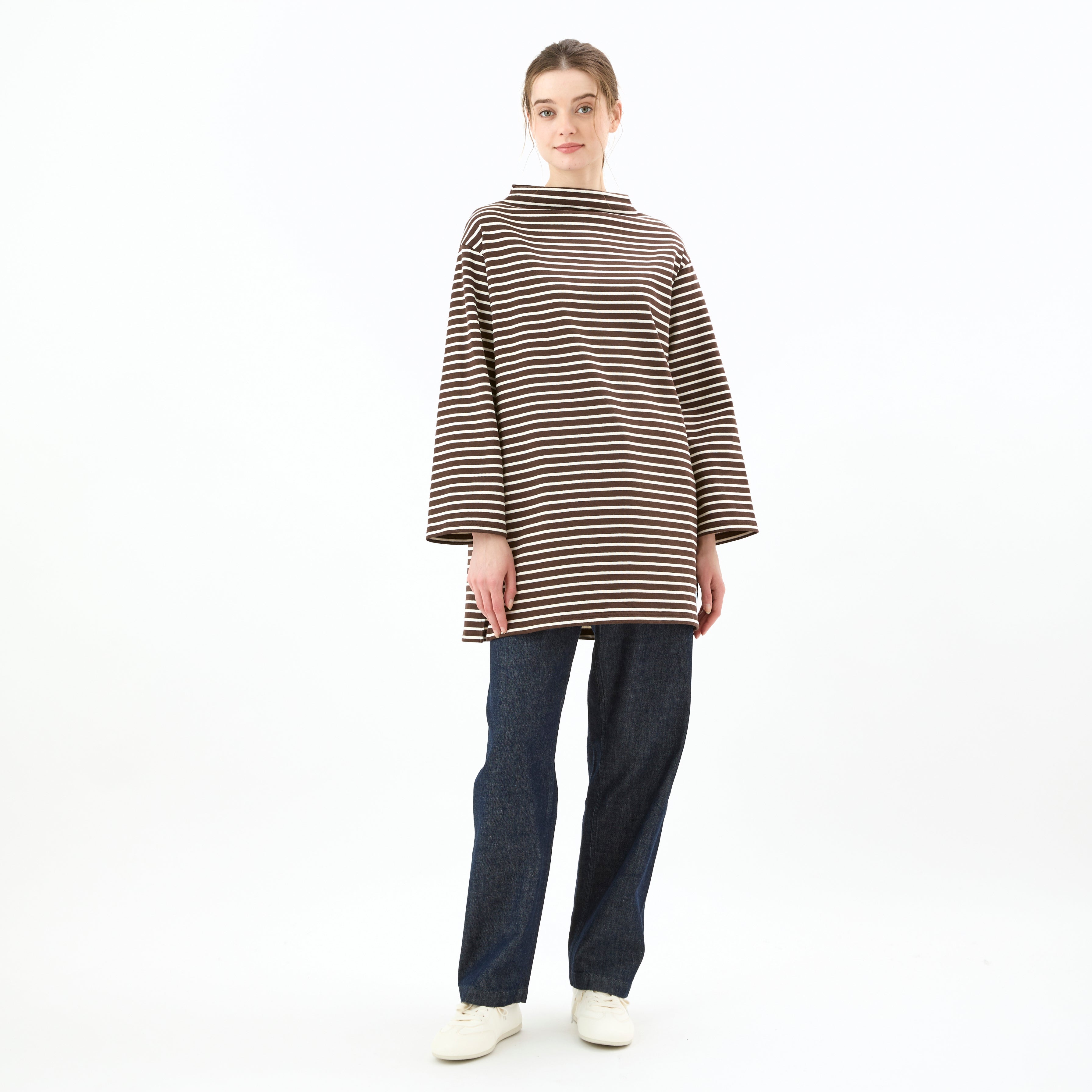 Women's Cotton Lourd Bottle Neck Dress Narrow Stripe