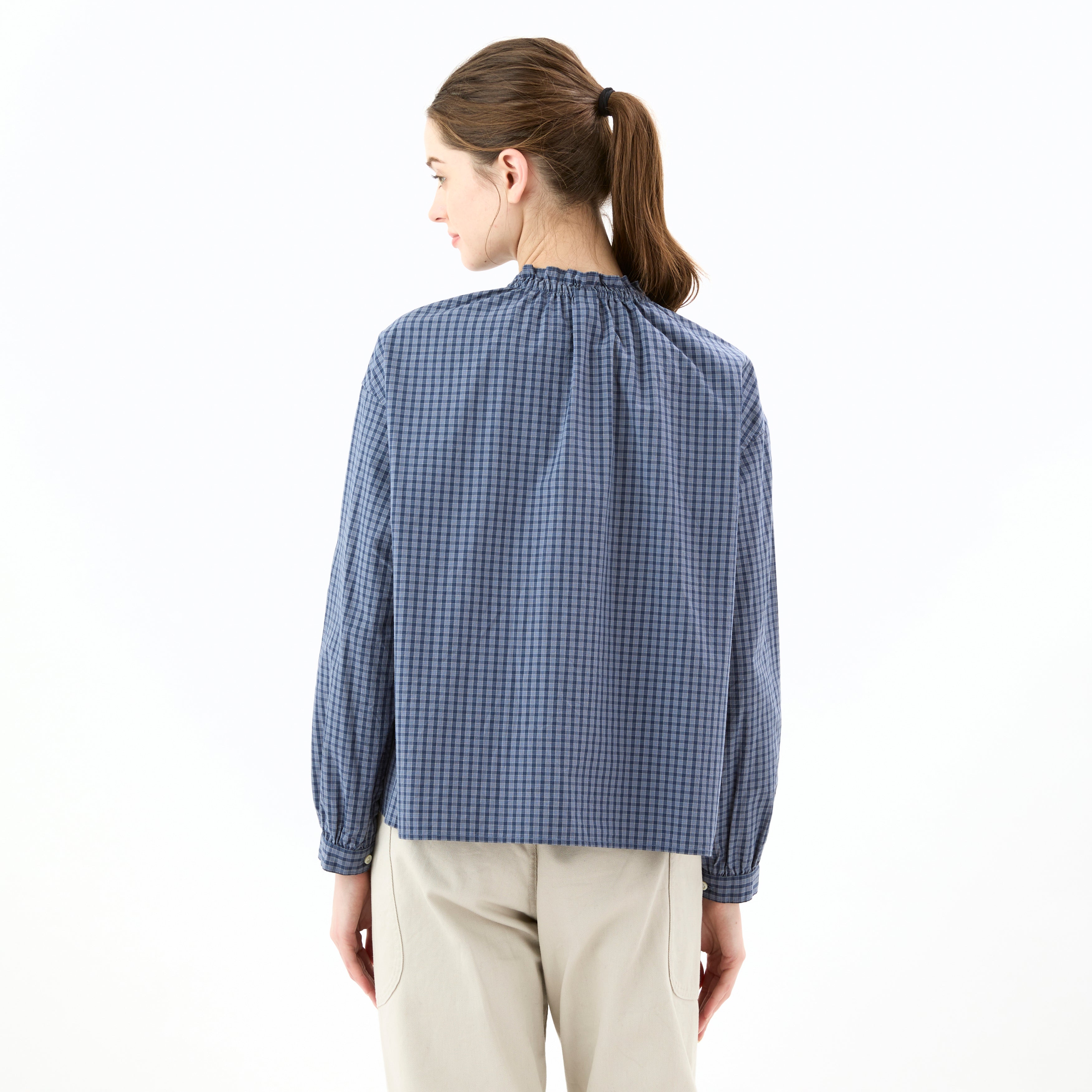 Women's Mini Check Mug Washer Gathered Shirt