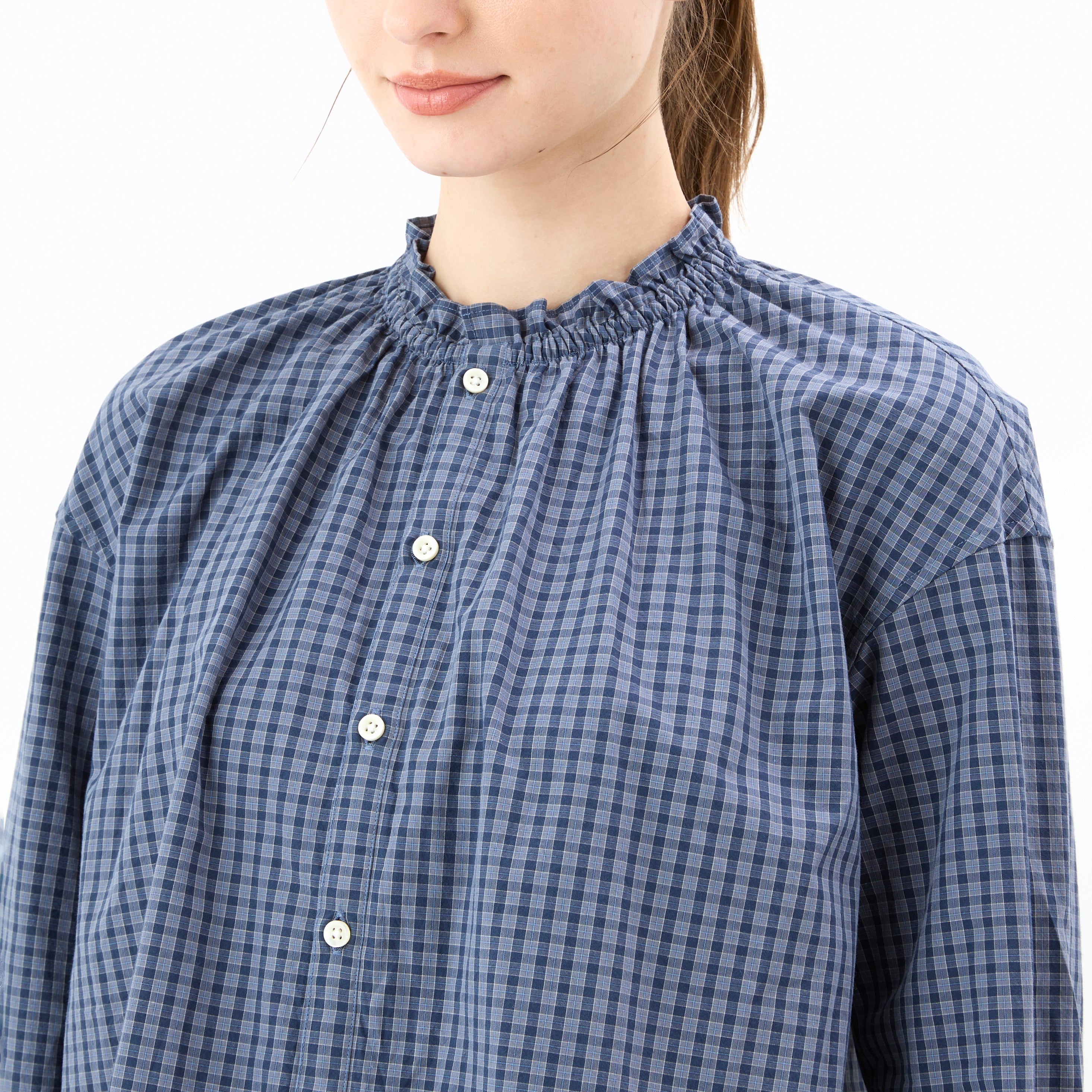 Women's Mini Check Mug Washer Gathered Shirt