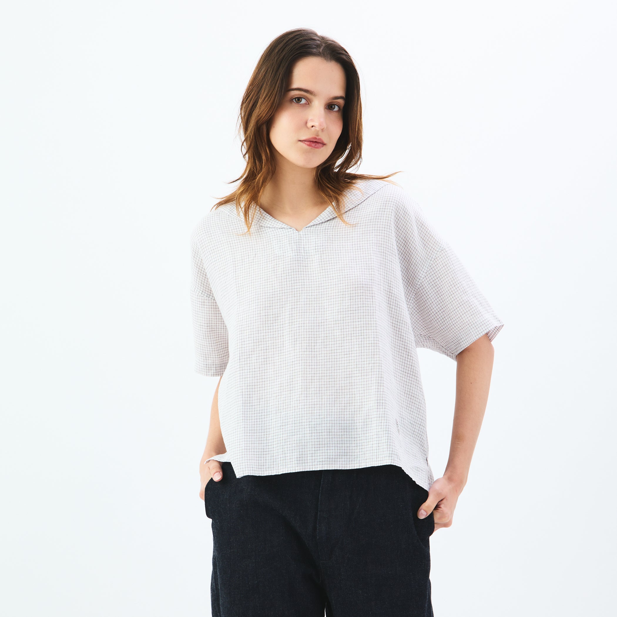 Women's Linen Half Sleeve Sailor Pullover Shirt Check