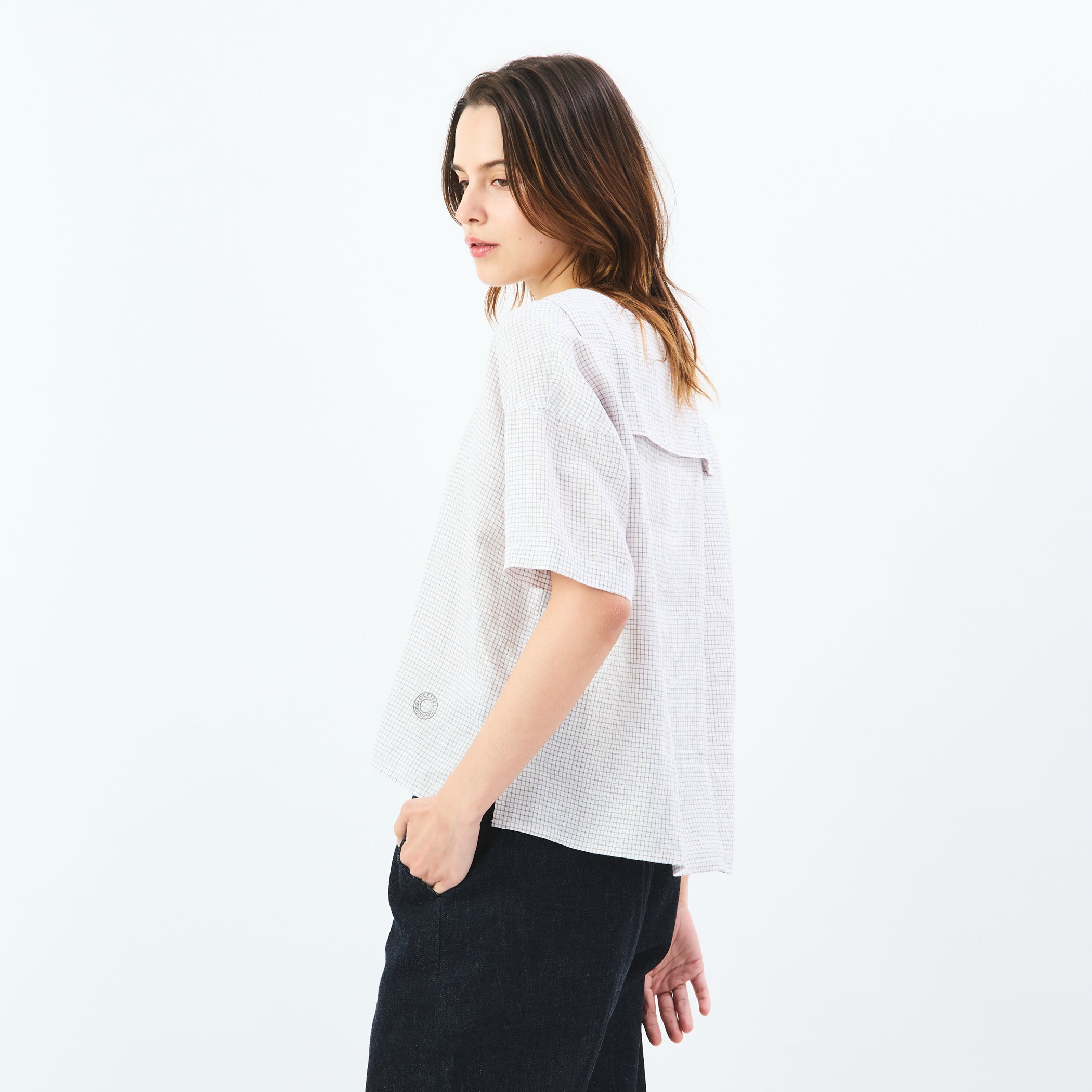 Women's Linen Half Sleeve Sailor Pullover Shirt Check