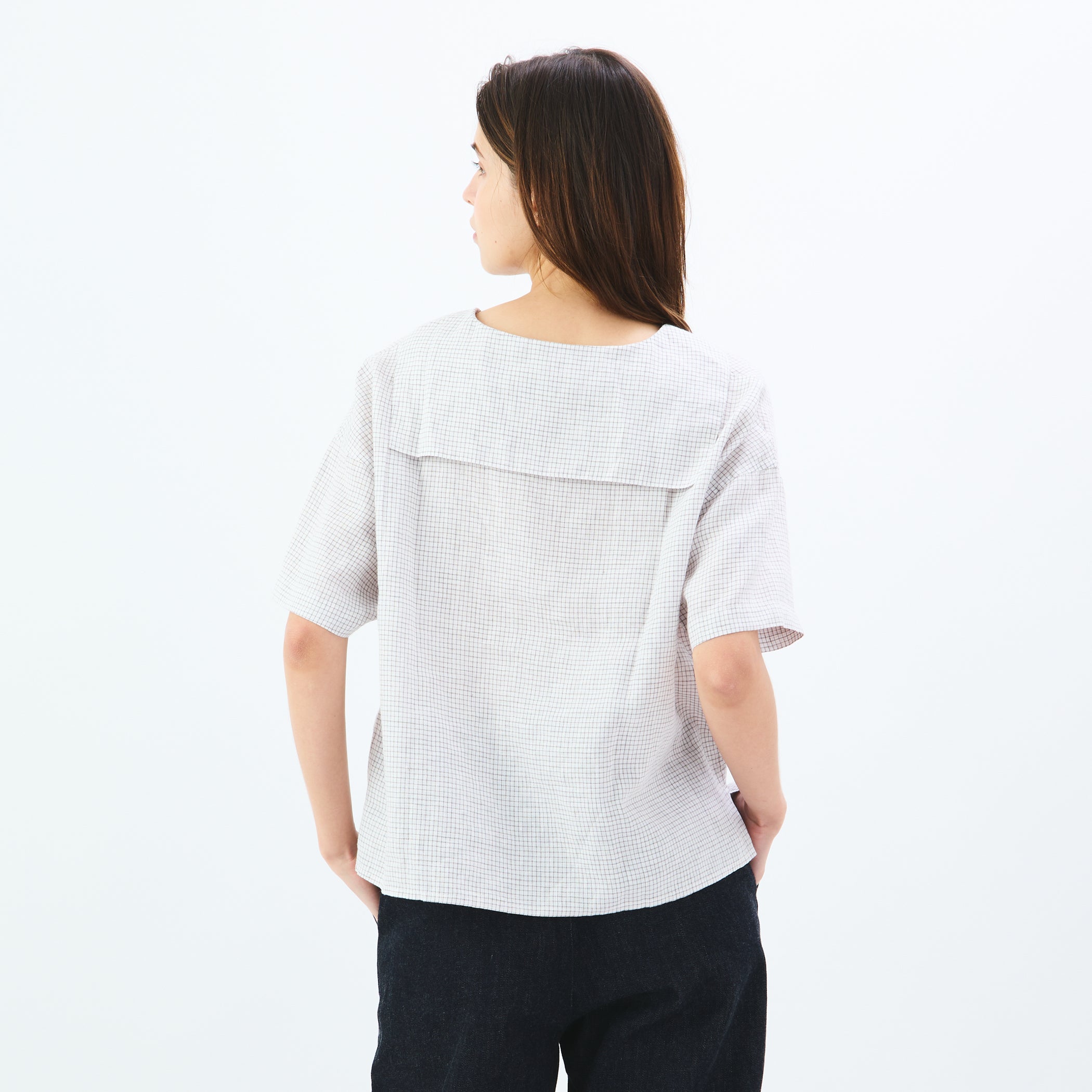 Women's Linen Half Sleeve Sailor Pullover Shirt Check