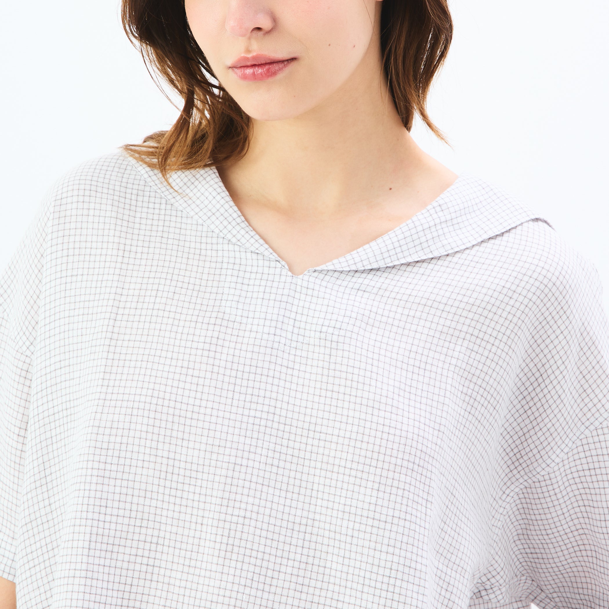 Women's Linen Half Sleeve Sailor Pullover Shirt Check
