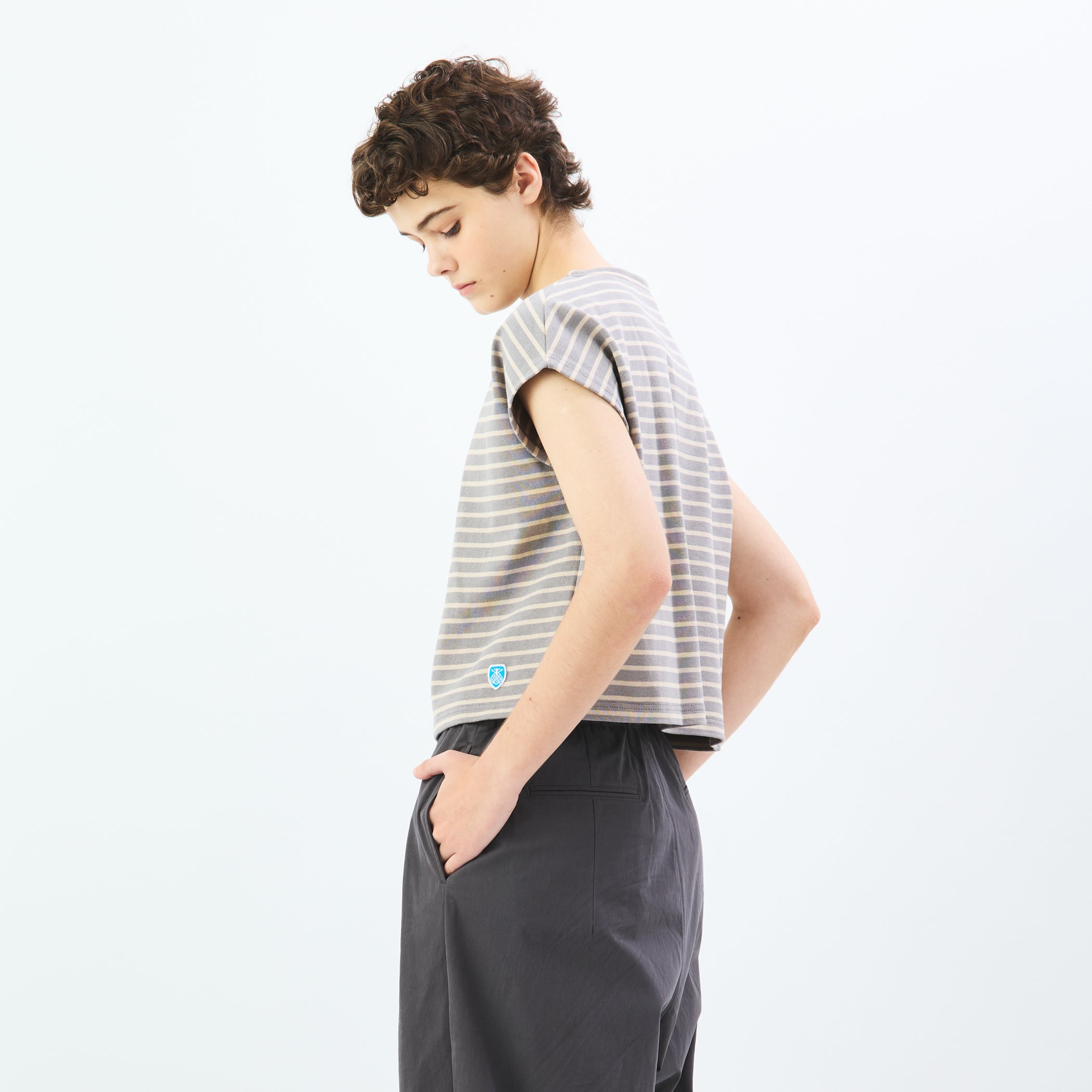 Women's Cotton Lourd French Sleeve Basque Shirt Narrow Stripe