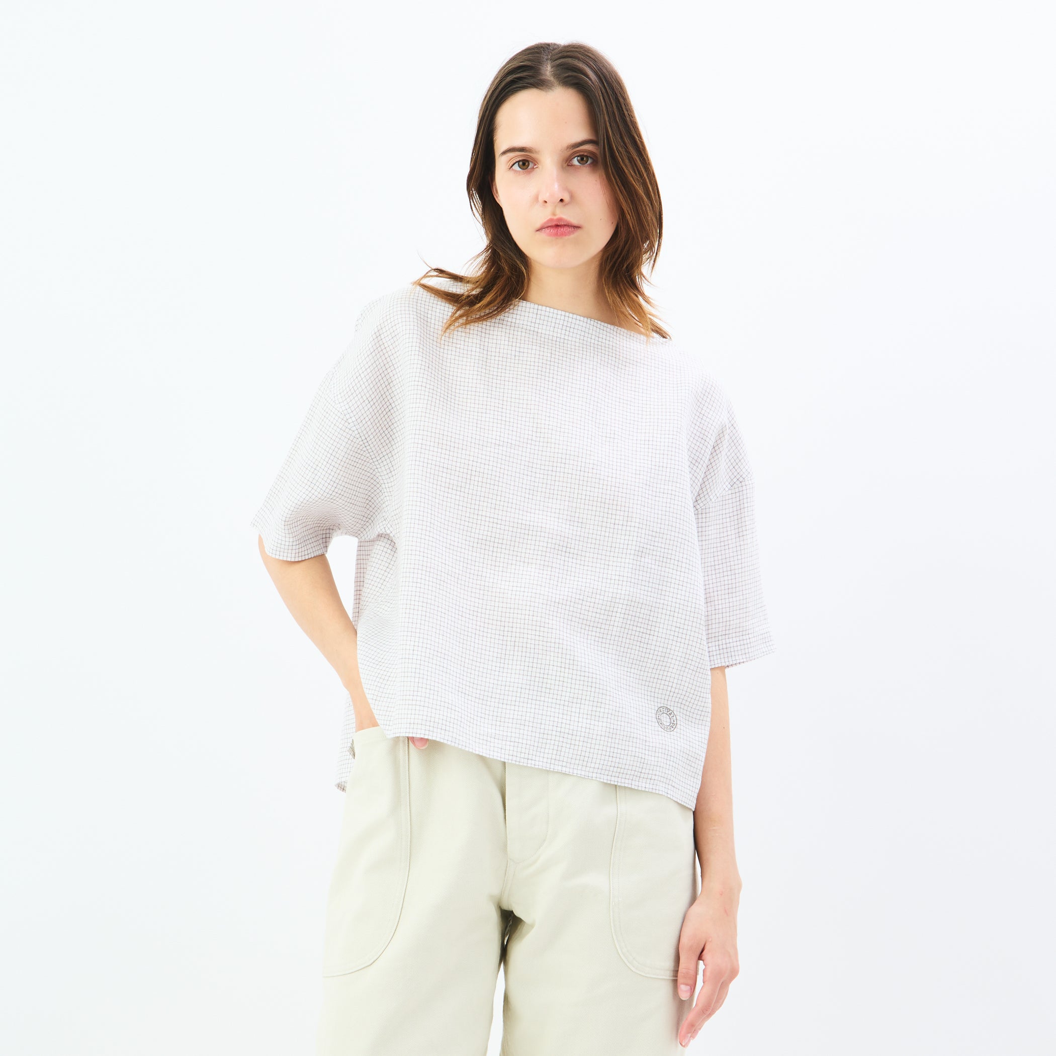 Women's Linen Half Sleeve Boat Neck Pullover Shirt Check