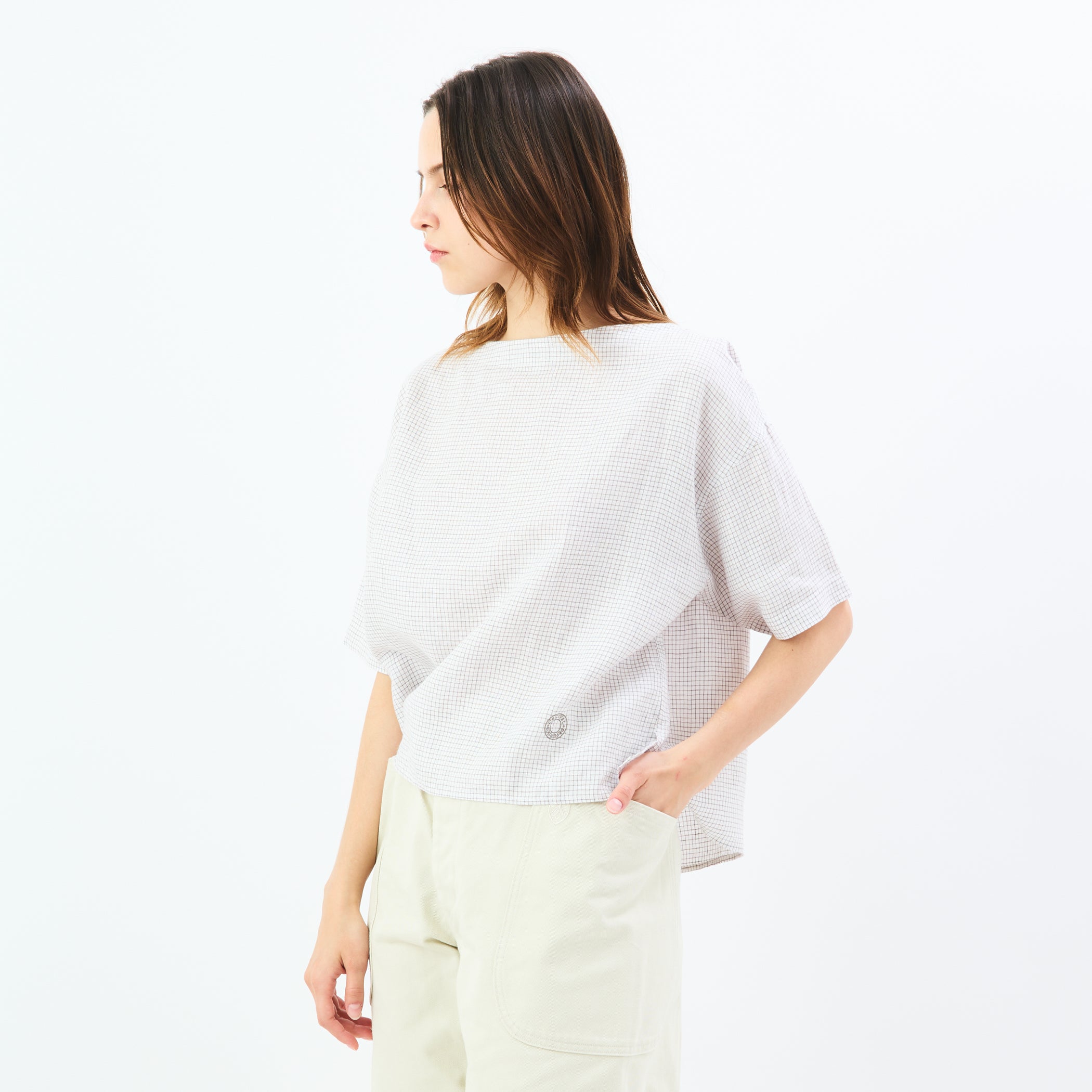 Women's Linen Half Sleeve Boat Neck Pullover Shirt Check