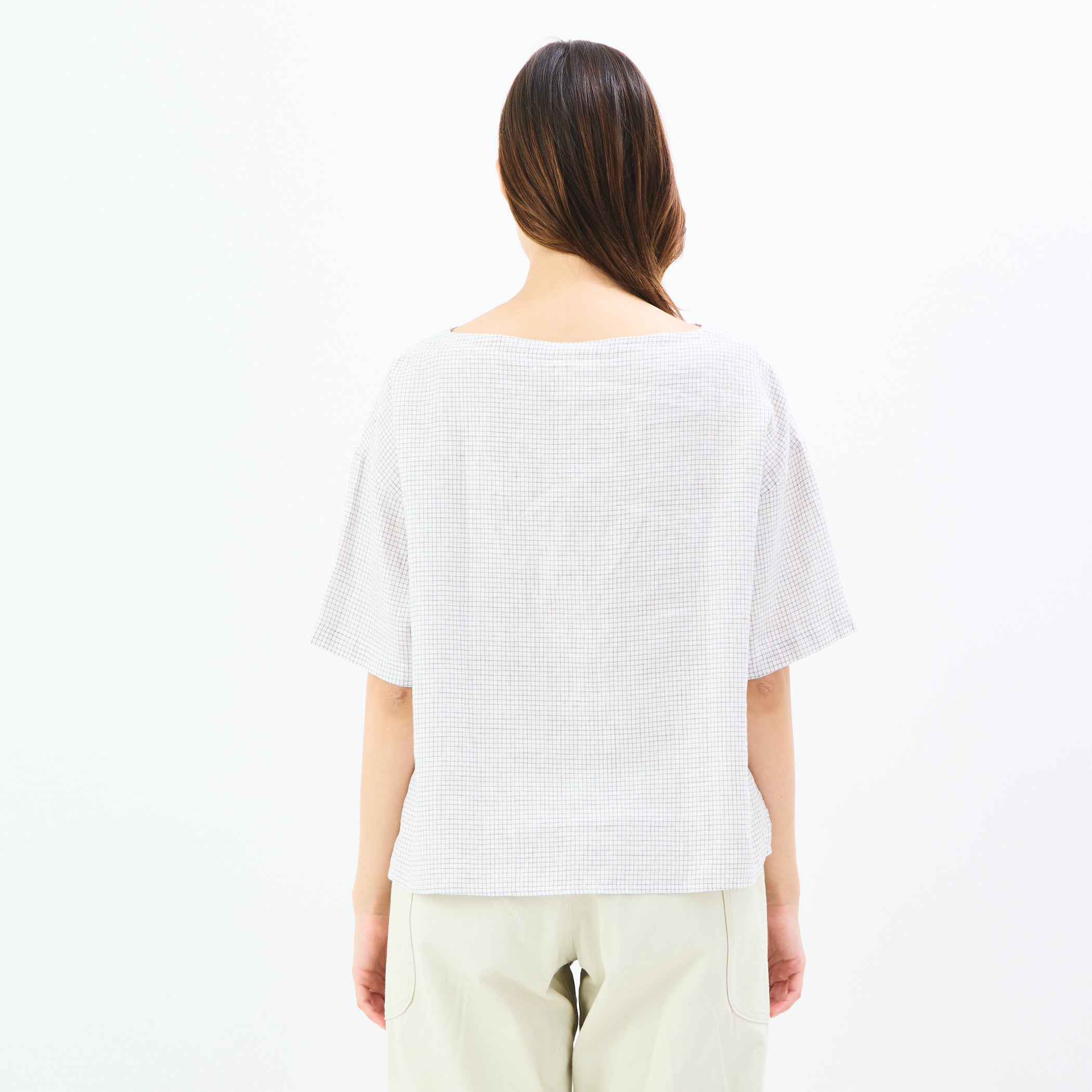 Women's Linen Half Sleeve Boat Neck Pullover Shirt Check