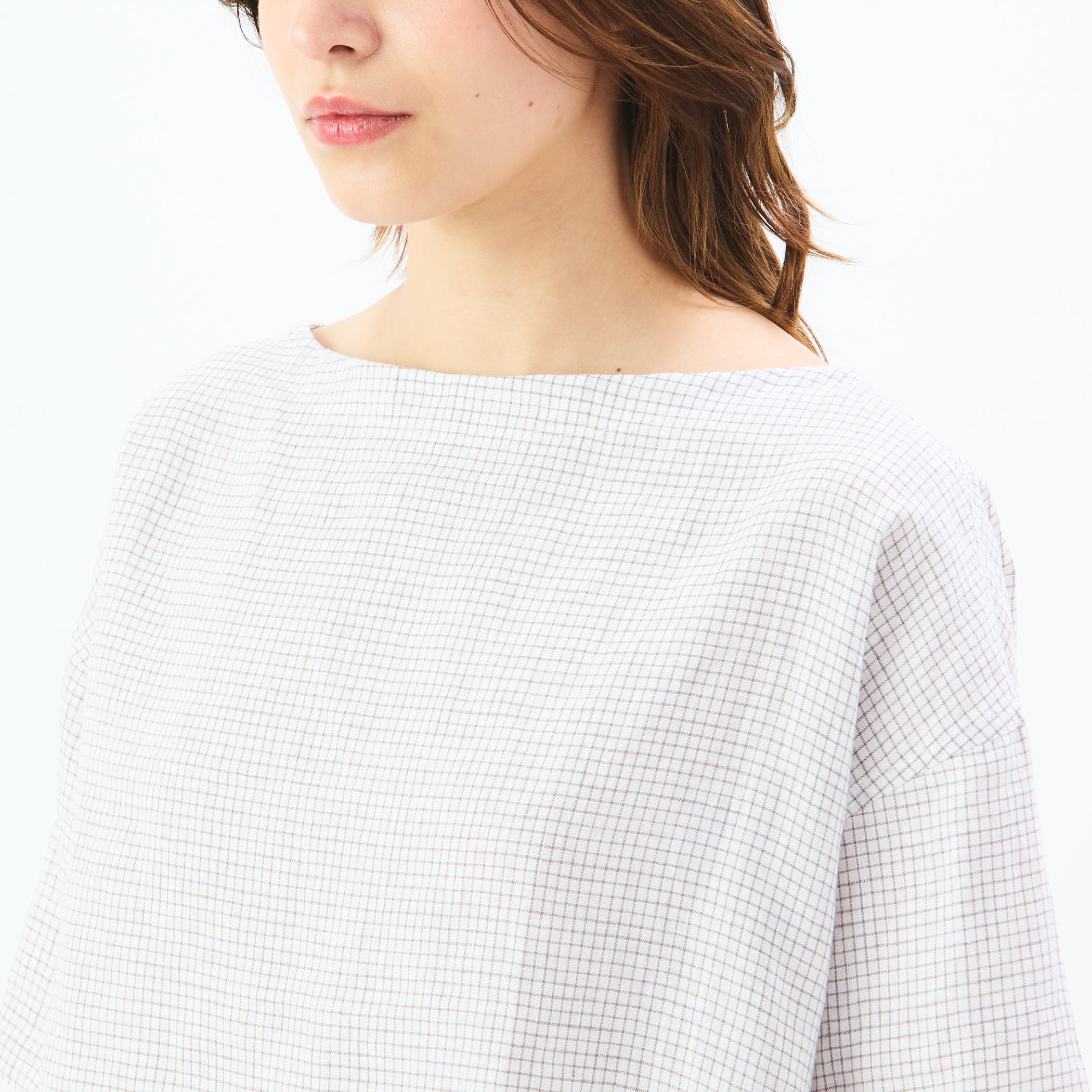 Women's Linen Half Sleeve Boat Neck Pullover Shirt Check