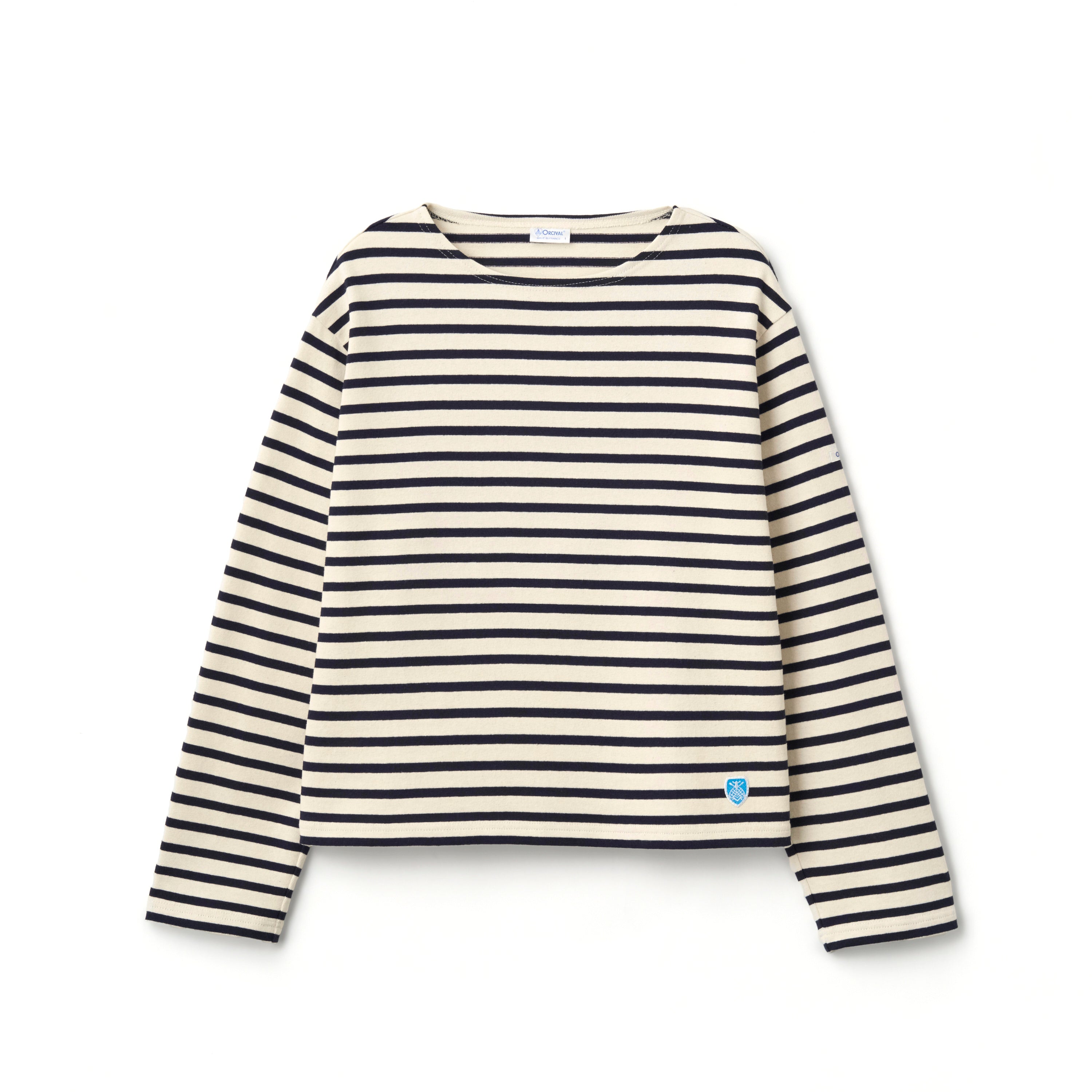 Women's Cotton Lourd Crew Neck Wide Basque Shirt Border