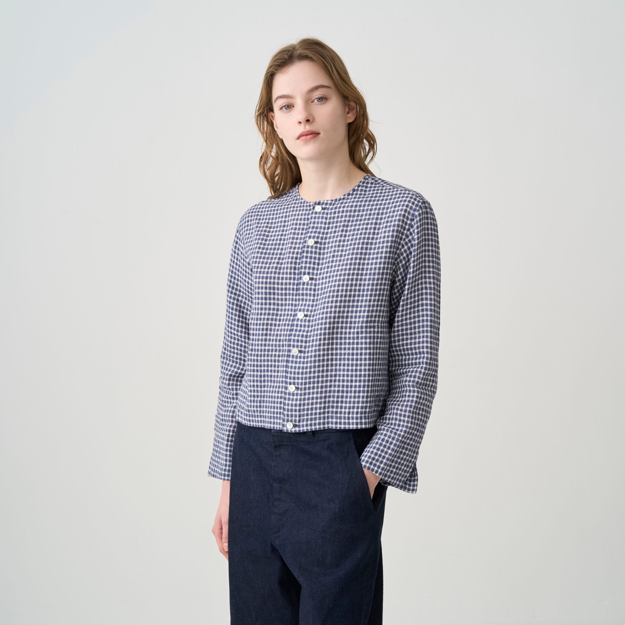 Women's Linen Crew Neck Check Cardigan