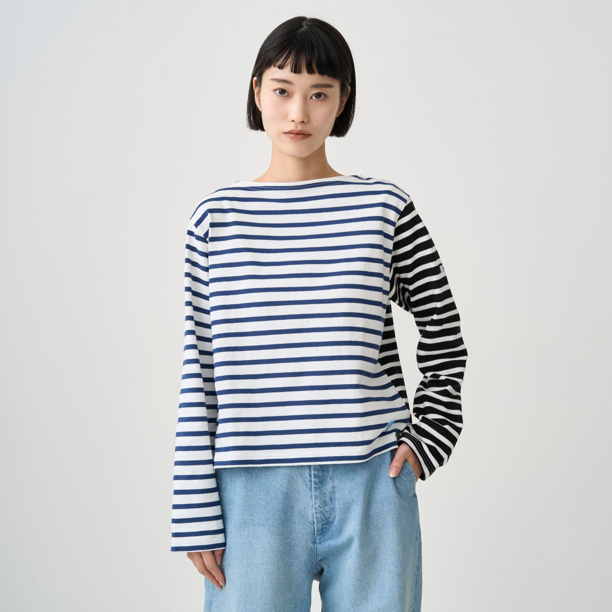 Women's Cotton Lourd Boat Neck Basque Shirt Bicolor Border