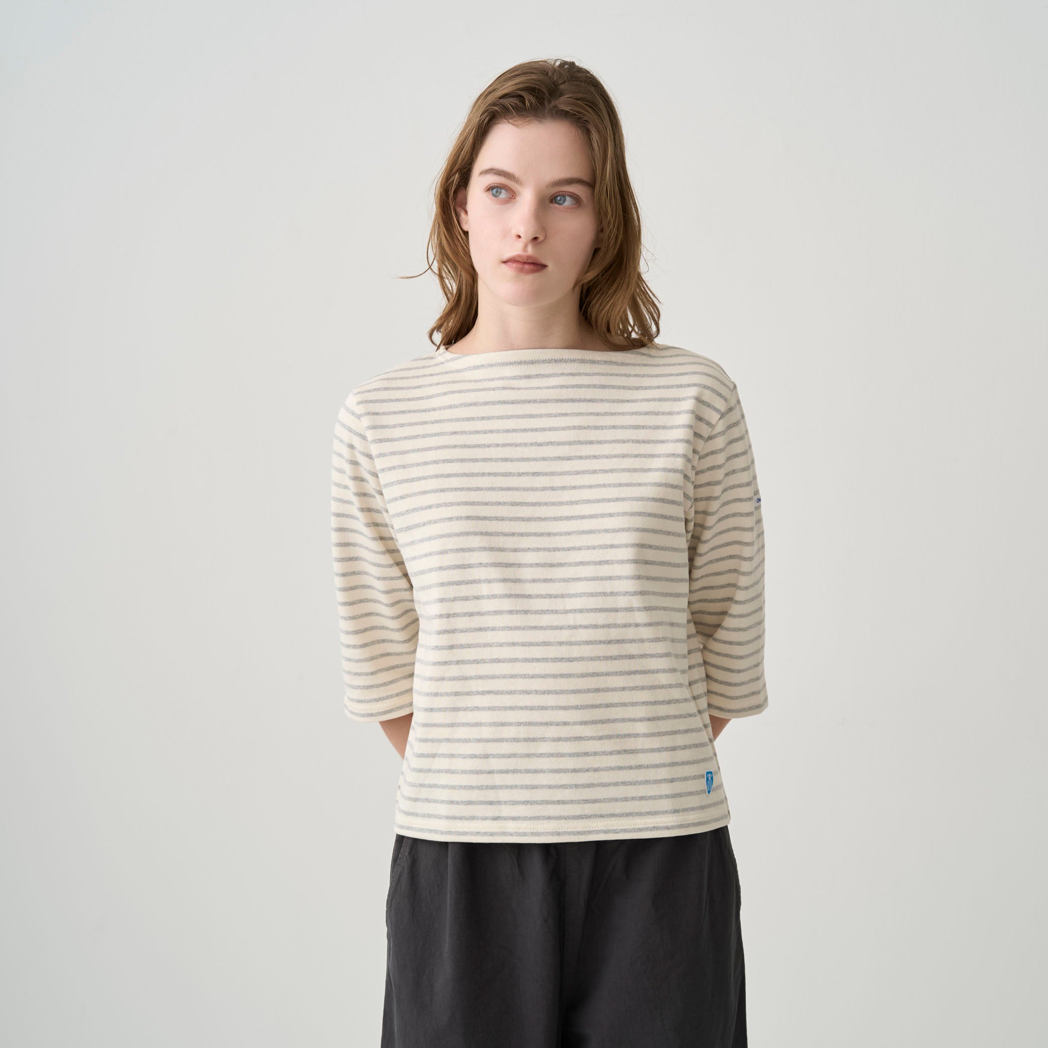 Women's Cotton Lourd Short Sleeve Boat Neck Basque Shirt Narrow Border