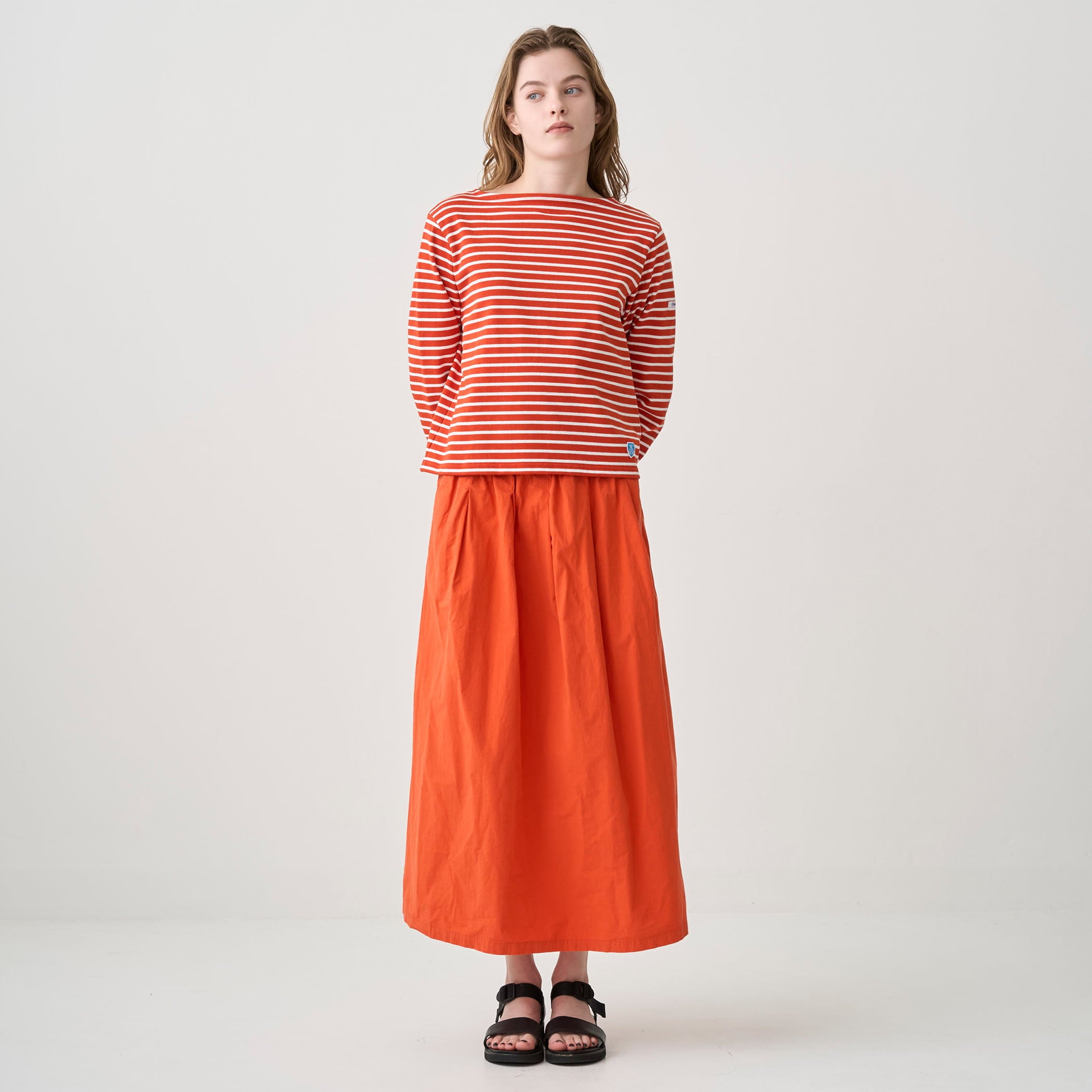 Women's Cotton Lourd Boat Neck Basque Shirt Narrow Border