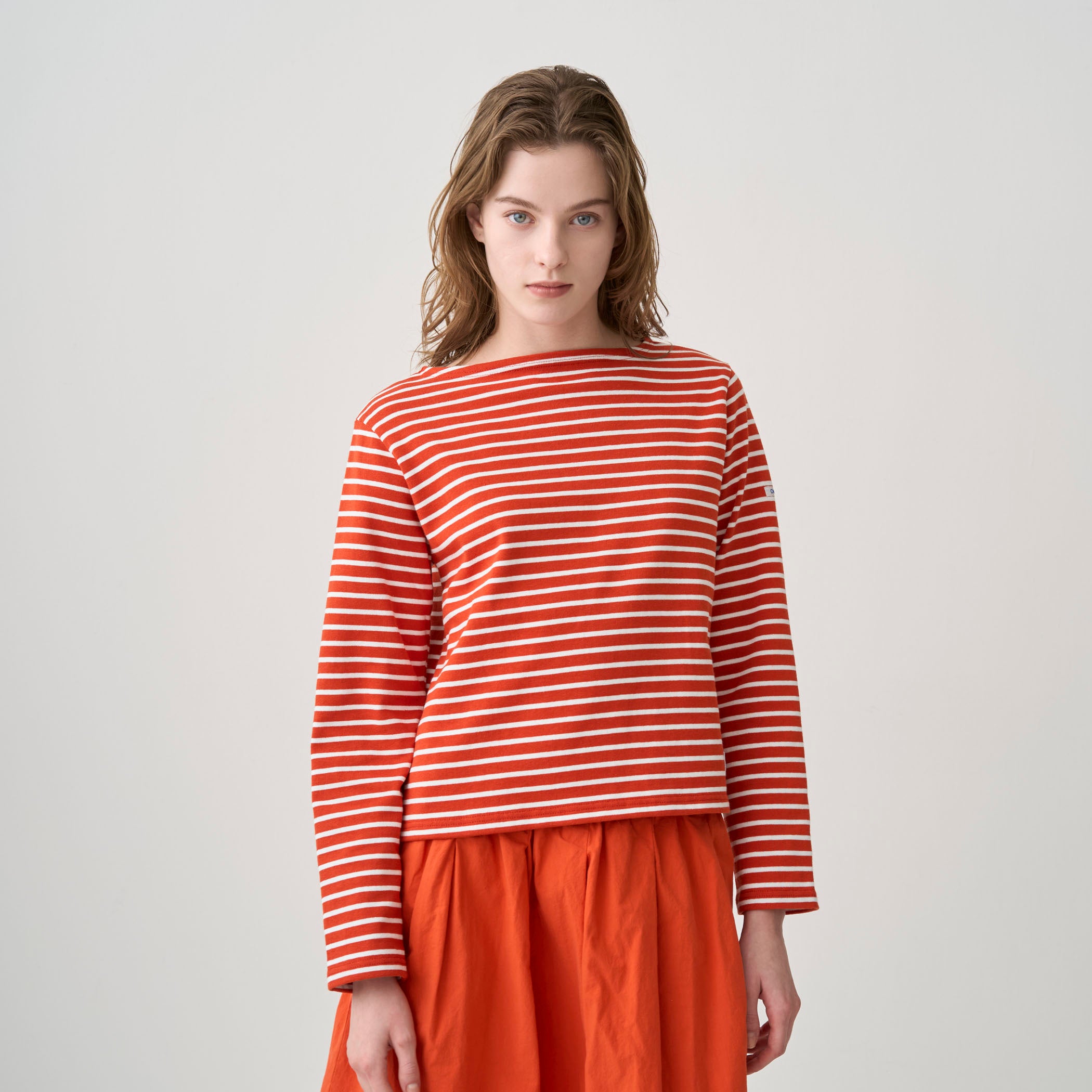 Women's Cotton Lourd Boat Neck Basque Shirt Narrow Border