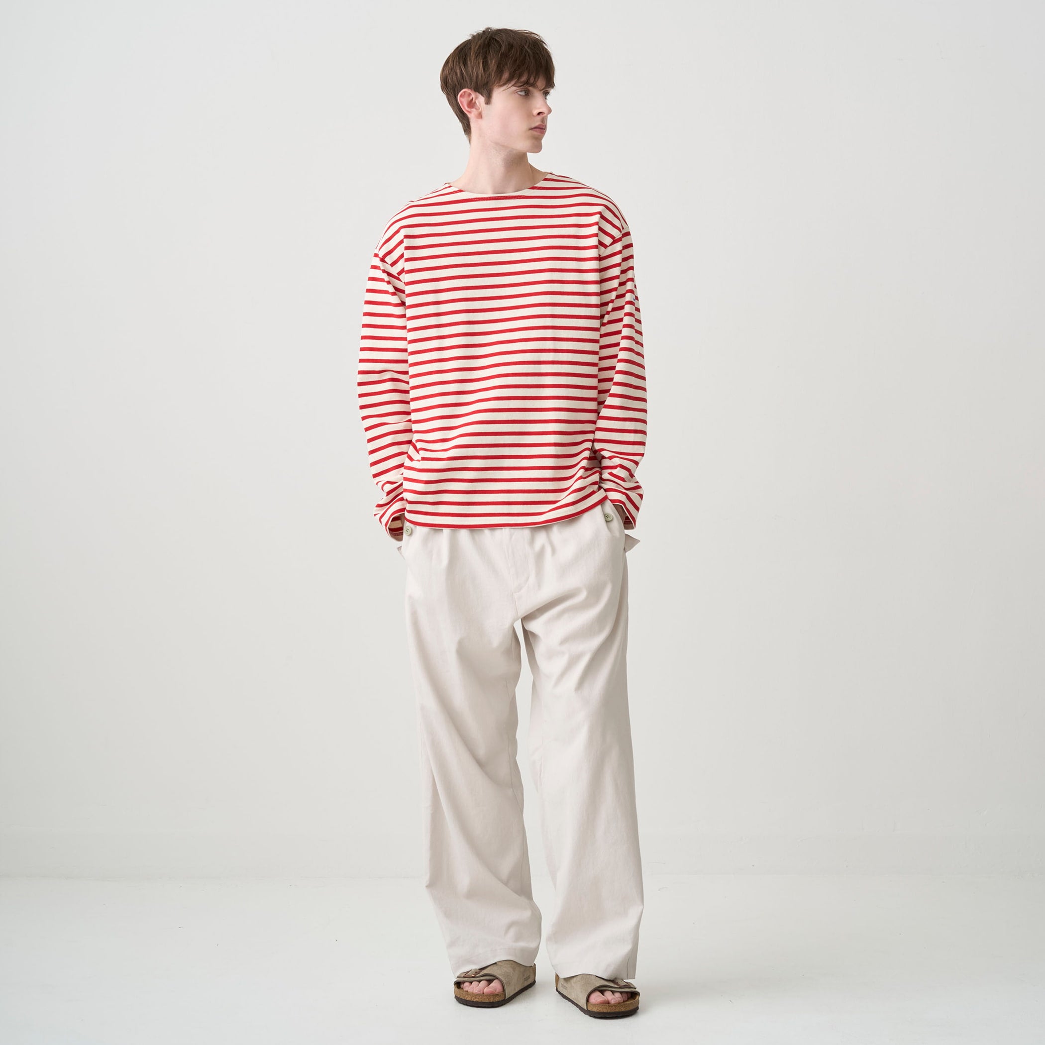 Men's Cotton Lourd Crew Neck Wide Basque Shirt Border