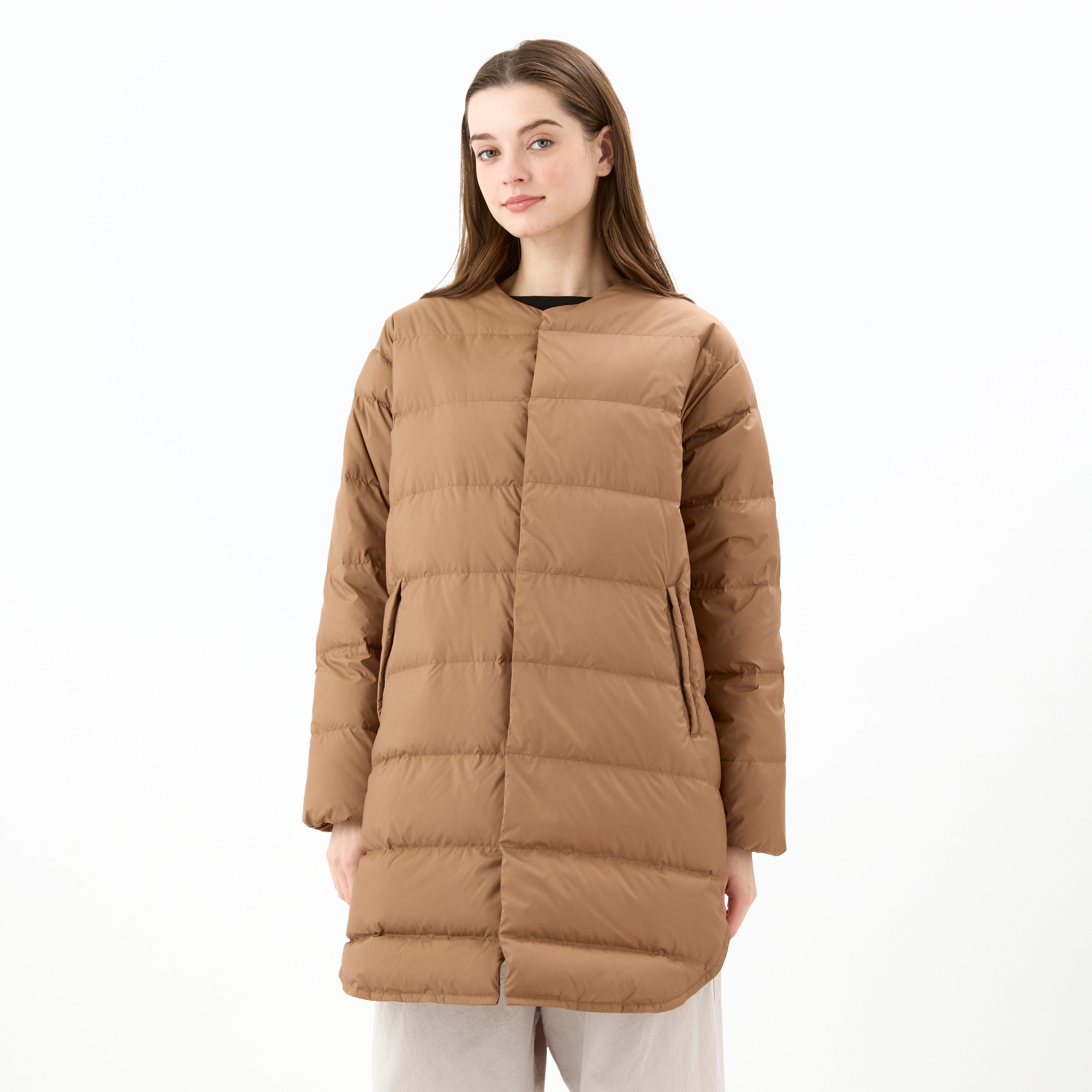 Women's Polyester Taffeta Round Neck Long Coat