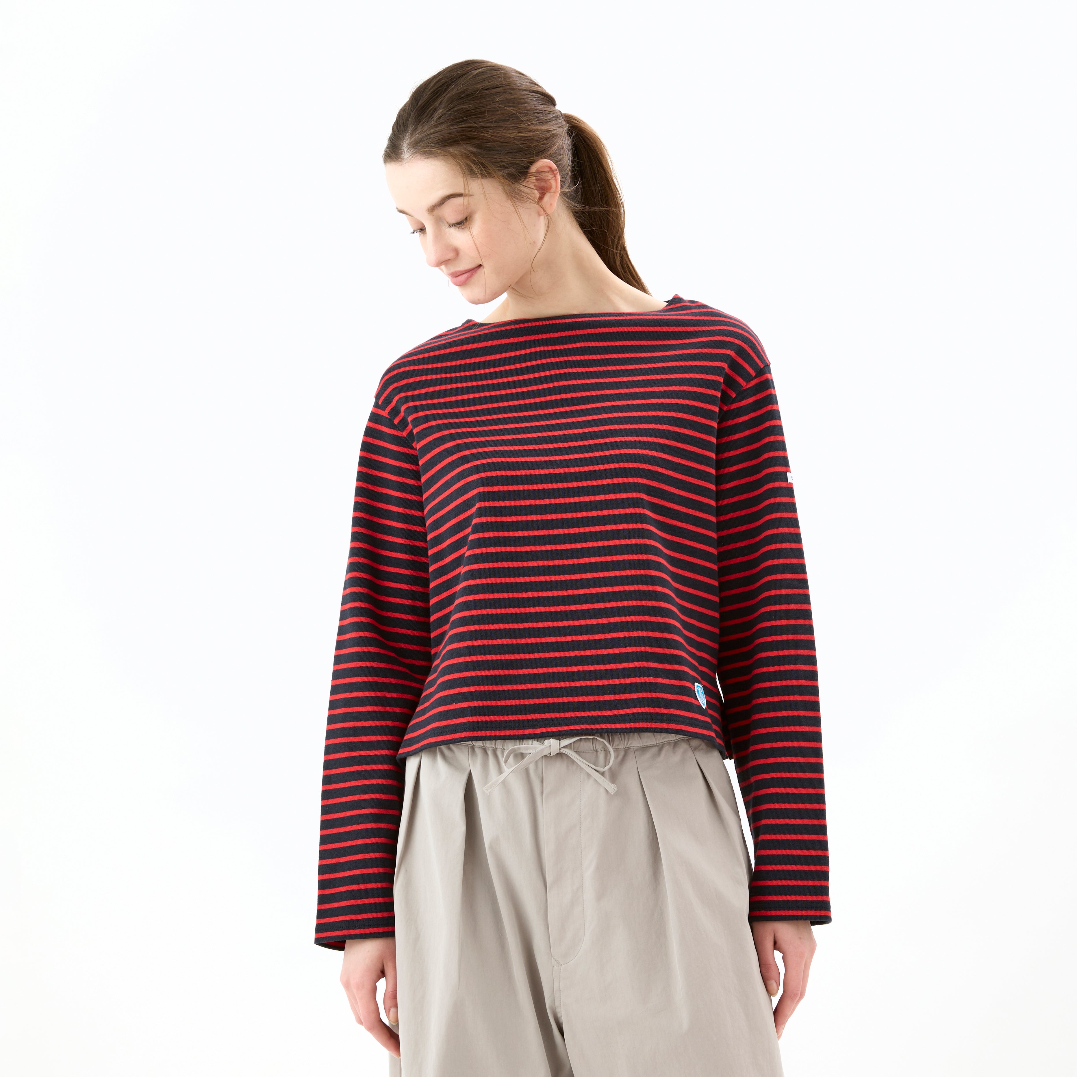 Women's Cotton Lourd Cropped Basque Shirt Narrow Stripe