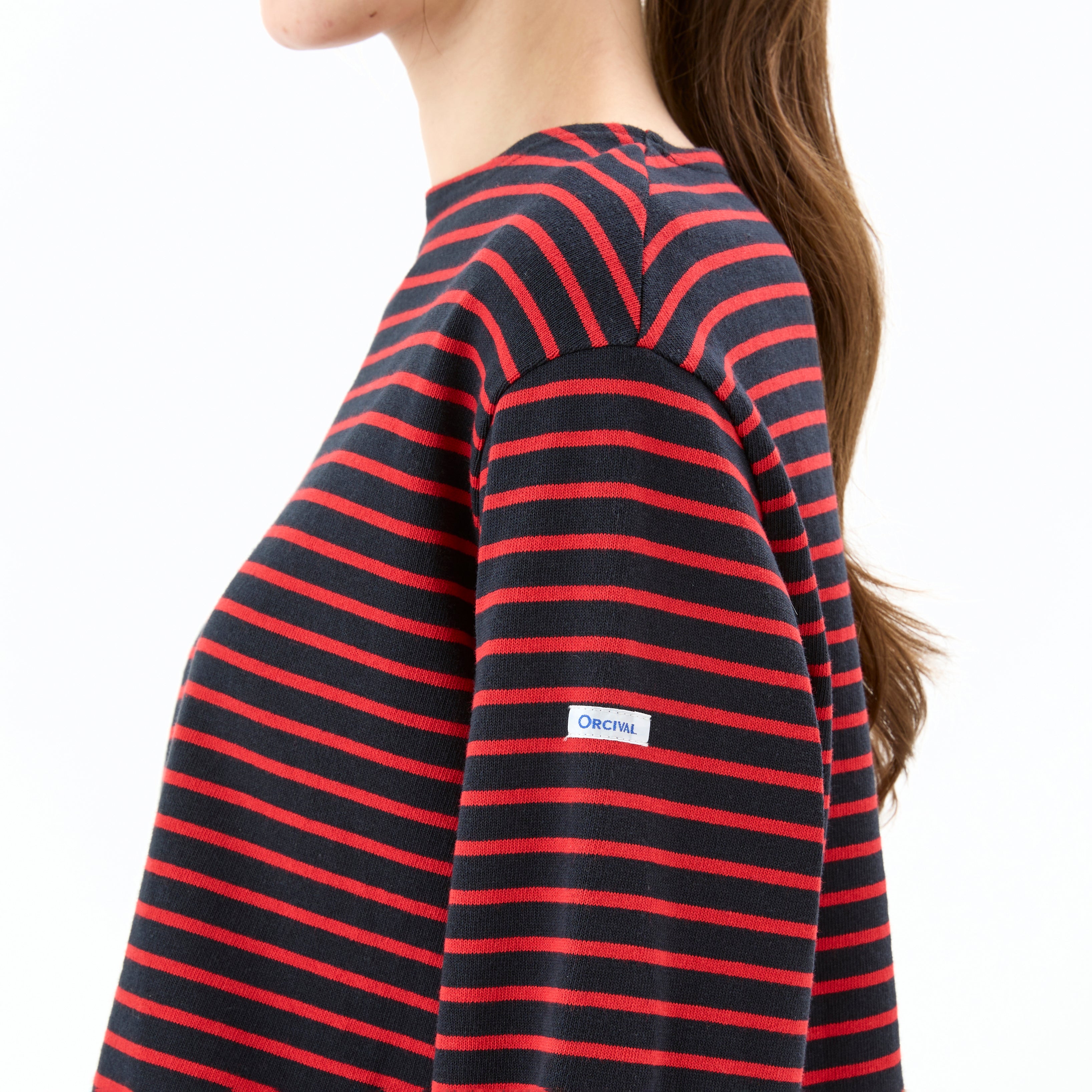 Women's Cotton Lourd Cropped Basque Shirt Narrow Stripe