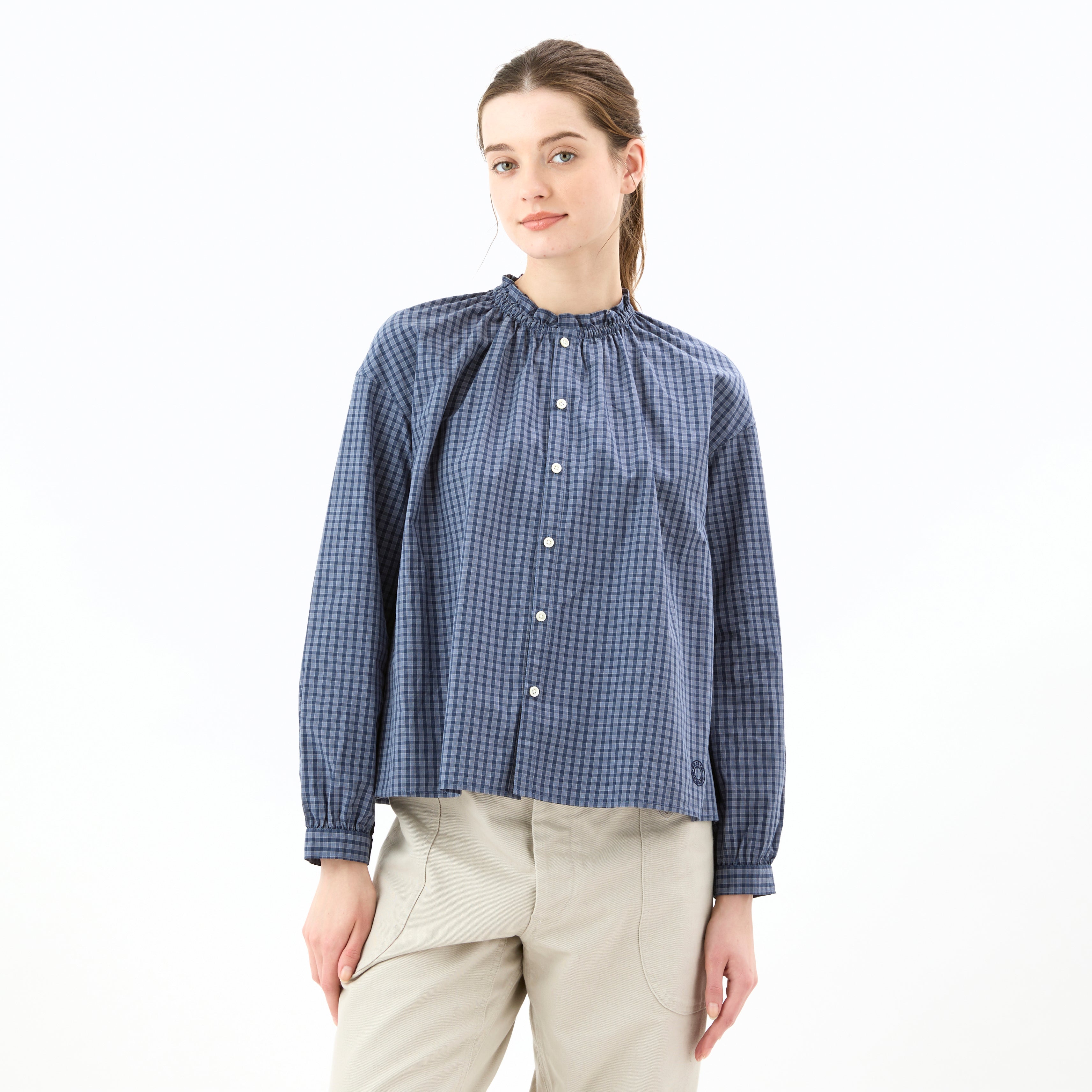 Women's Mini Check Mug Washer Gathered Shirt