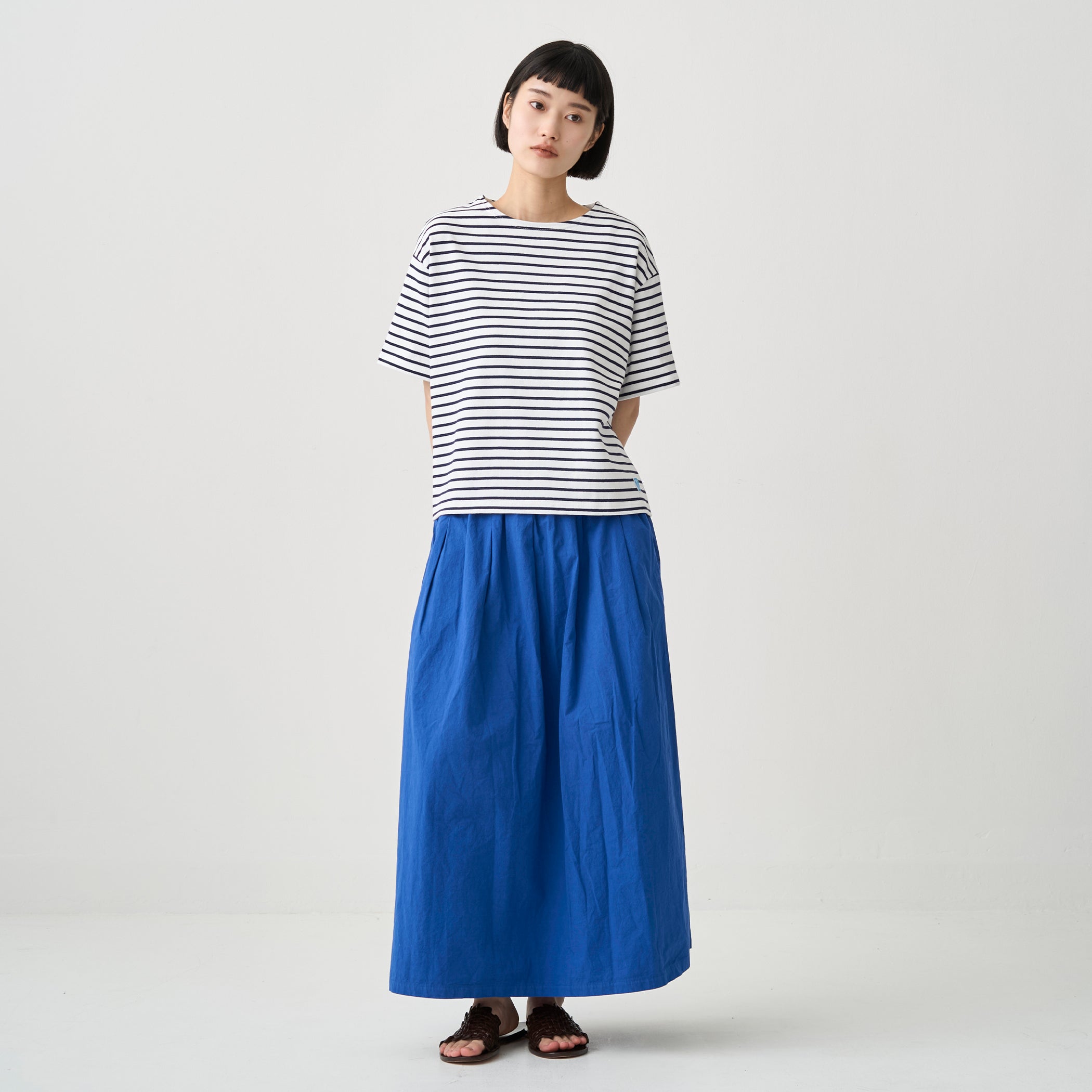 Women's Cotton Lourd Crew Neck Basque Shirt Narrow Border