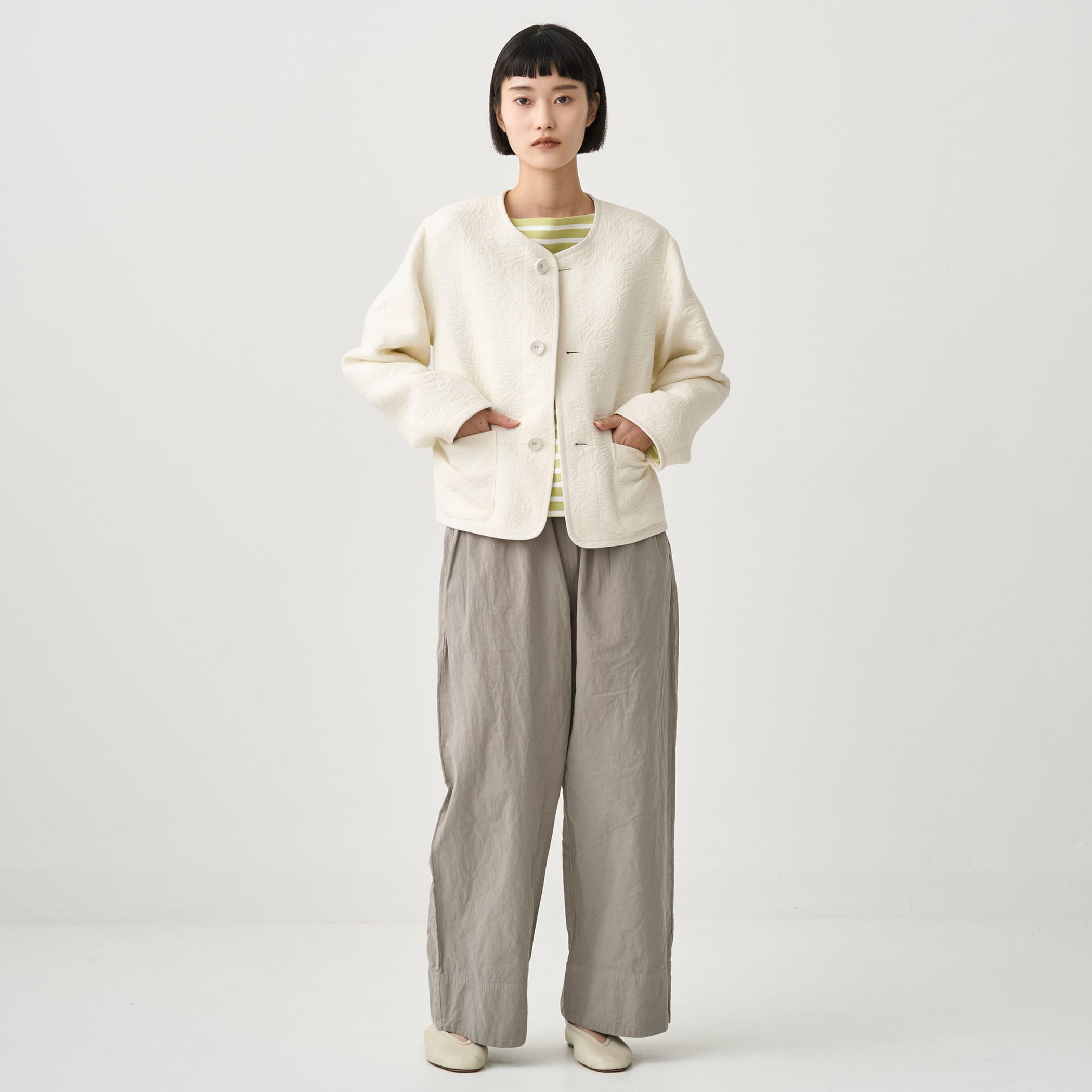 Women's Cotton Polyester Jacquared Collarless Jacket