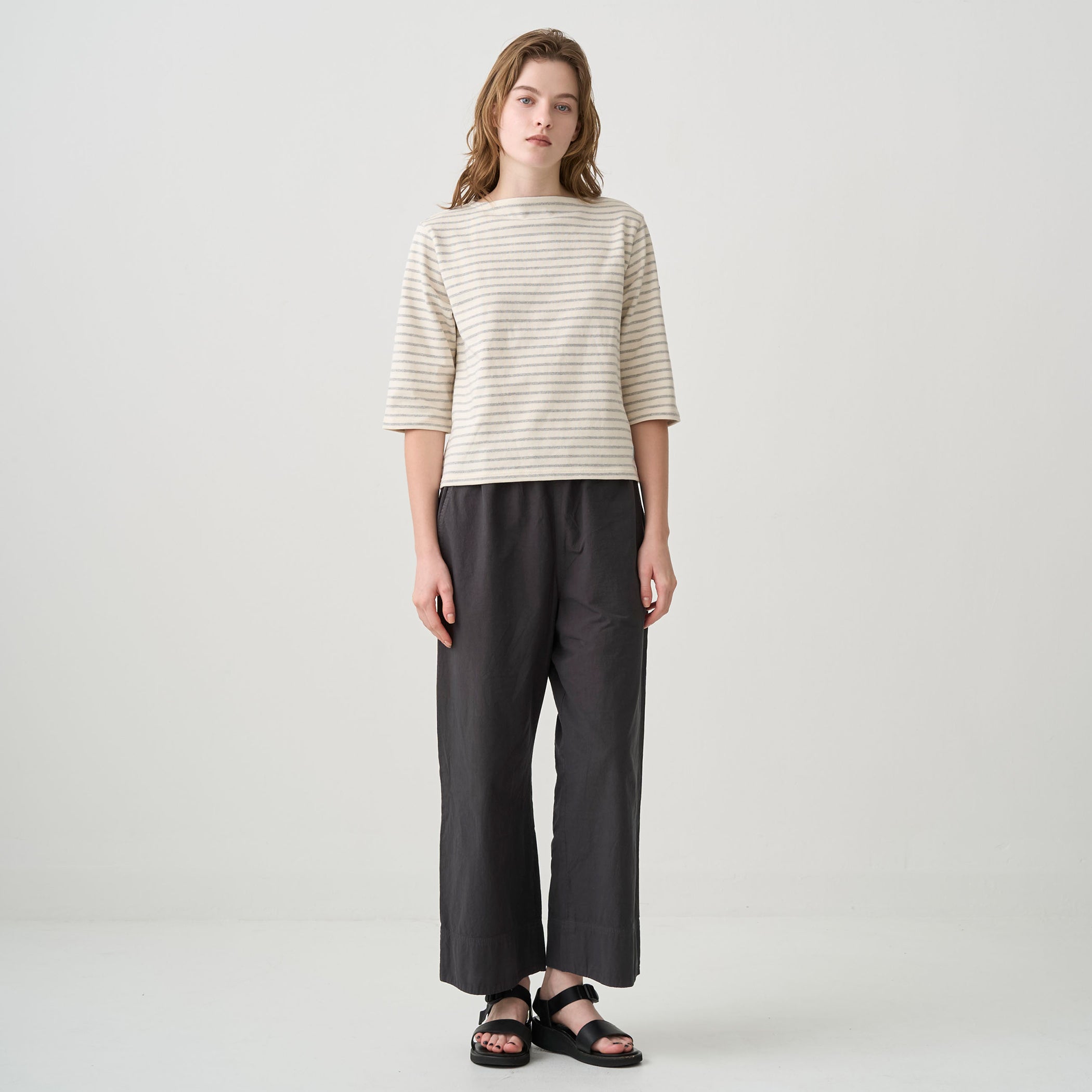 Women's Cotton Lourd Short Sleeve Boat Neck Basque Shirt Narrow Border