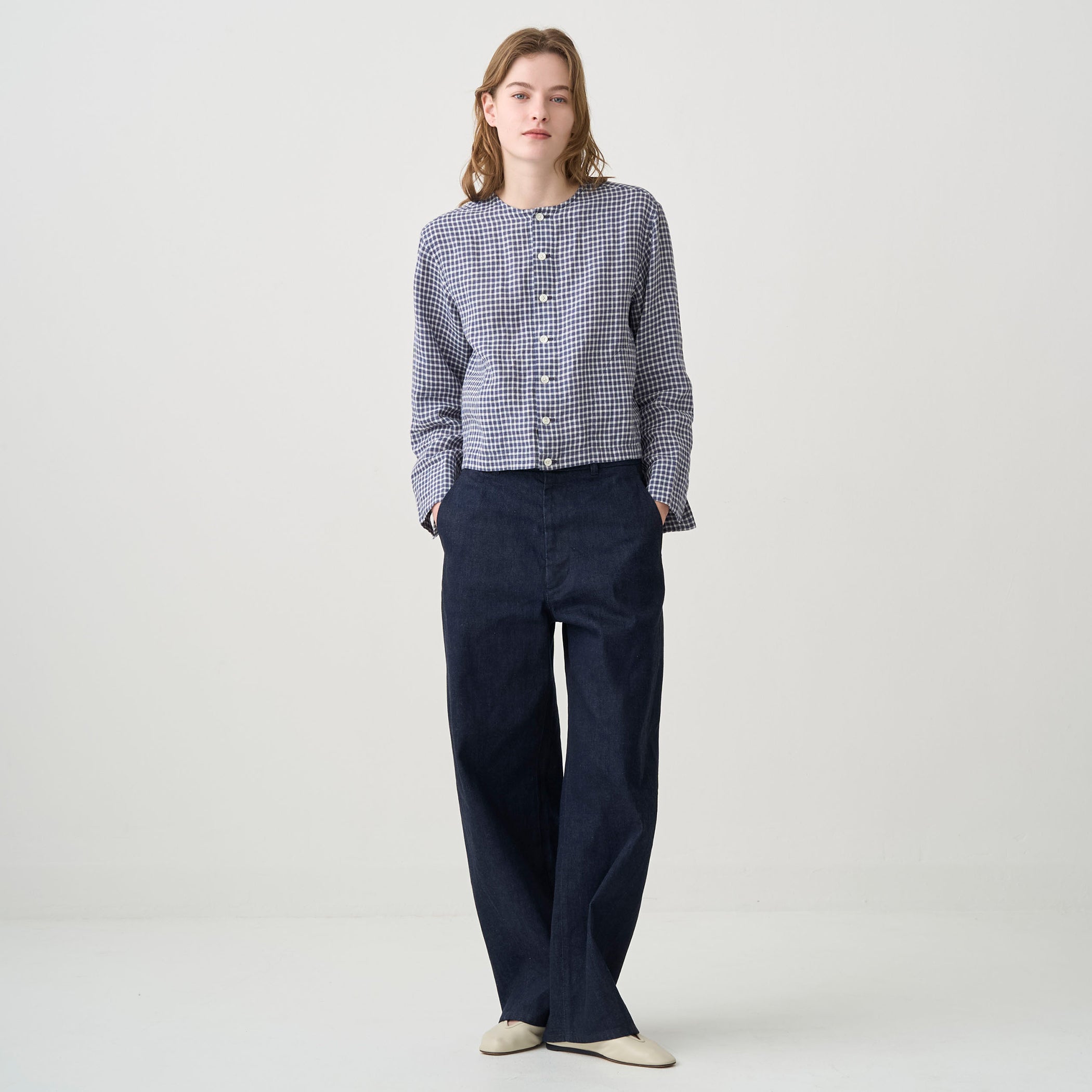 Women's Linen Crew Neck Check Cardigan