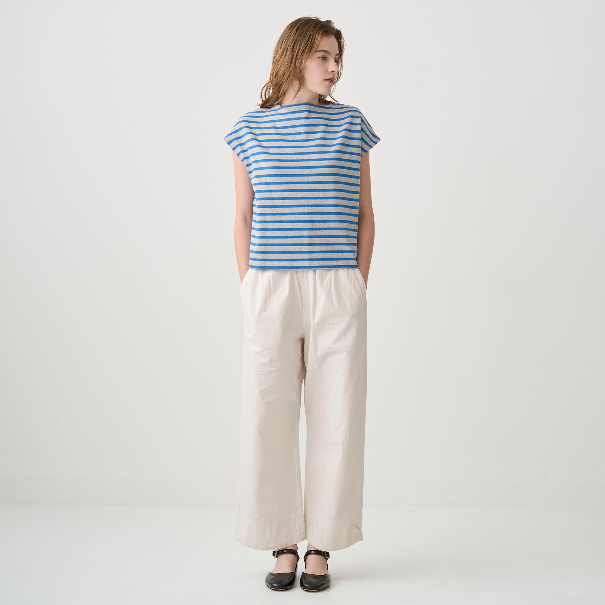 Women's Cotton Lourd Boat Neck French Sleeve Basque Shirt Border