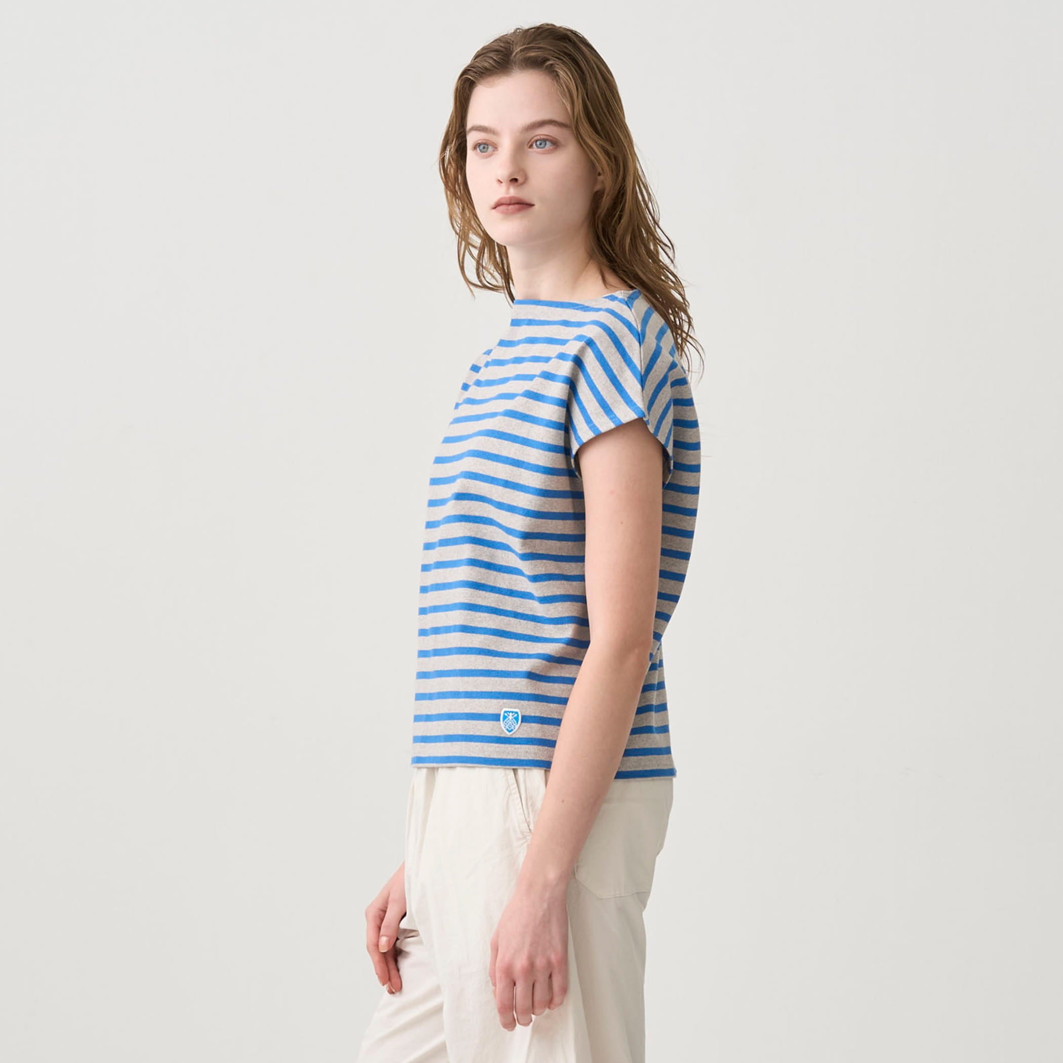 Women's Cotton Lourd Boat Neck French Sleeve Basque Shirt Border