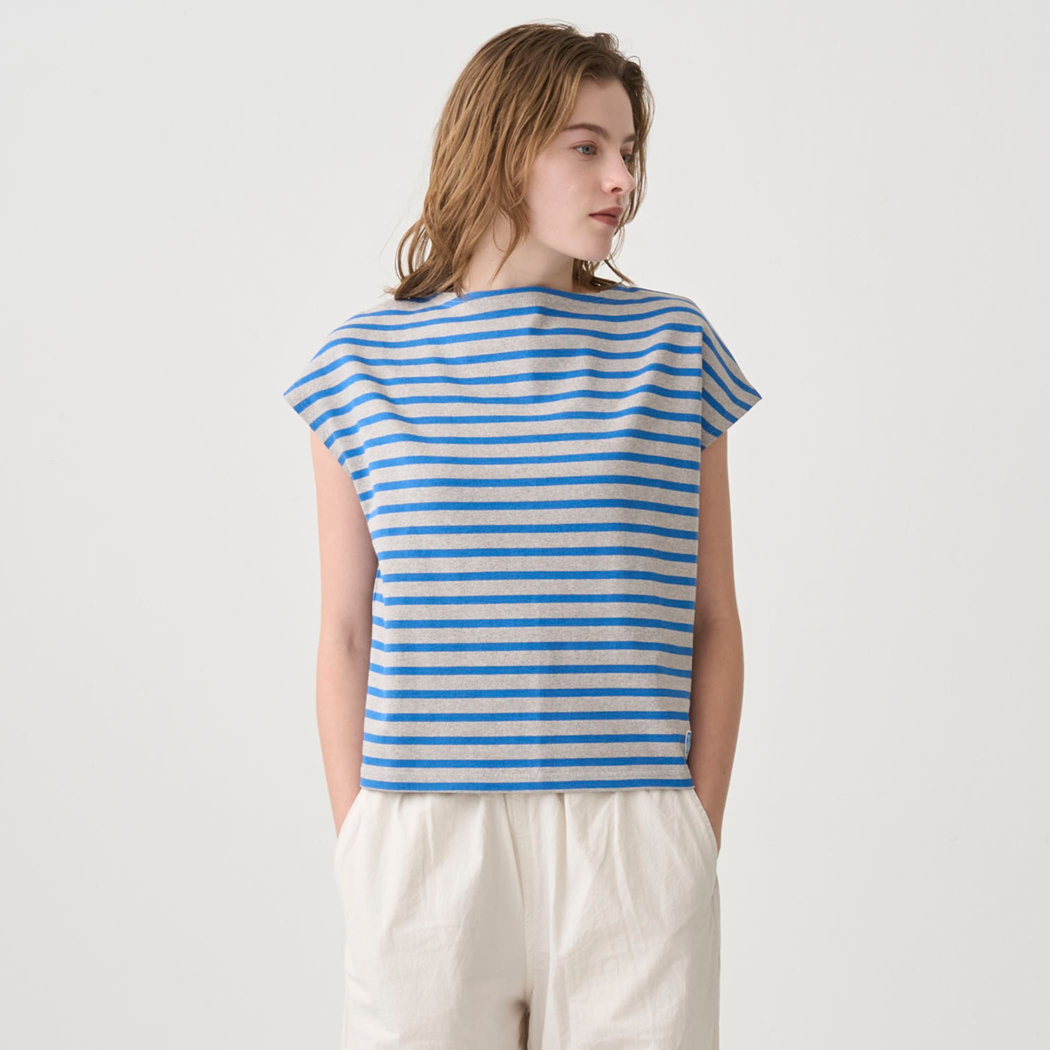 Women's Cotton Lourd Boat Neck French Sleeve Basque Shirt Border