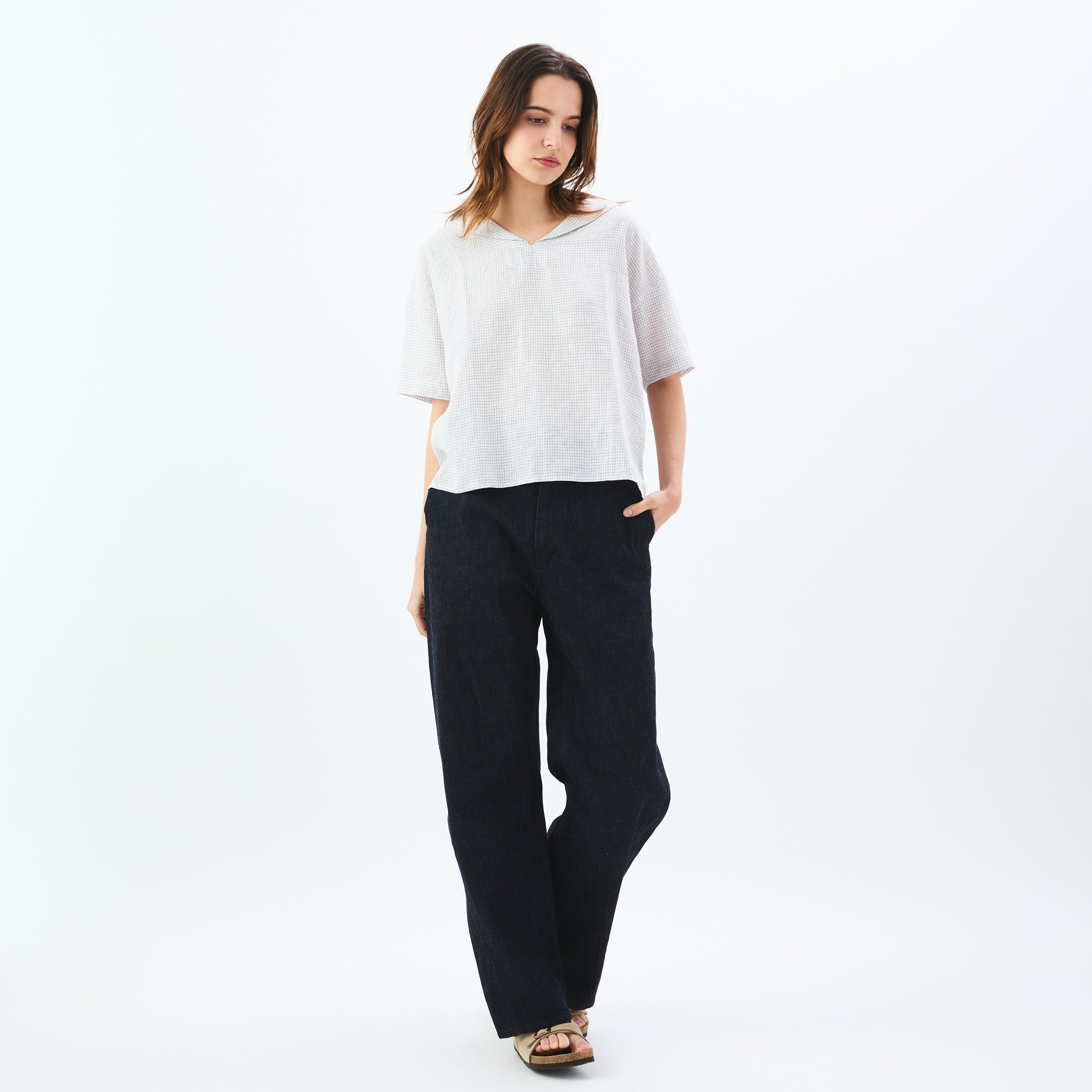 Women's Linen Half Sleeve Sailor Pullover Shirt Check
