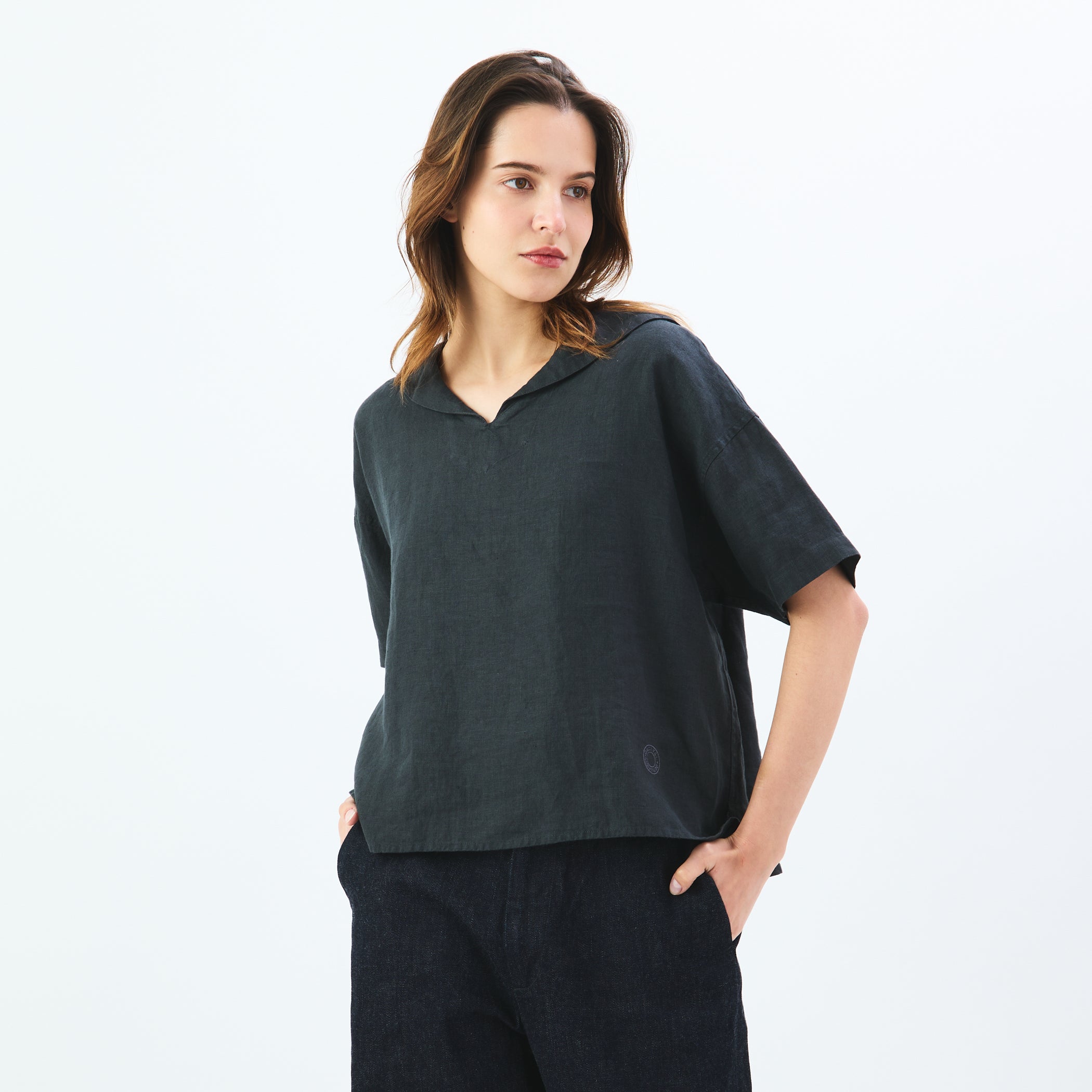 Women's Linen Half Sleeve Sailor Pullover Shirt Solid
