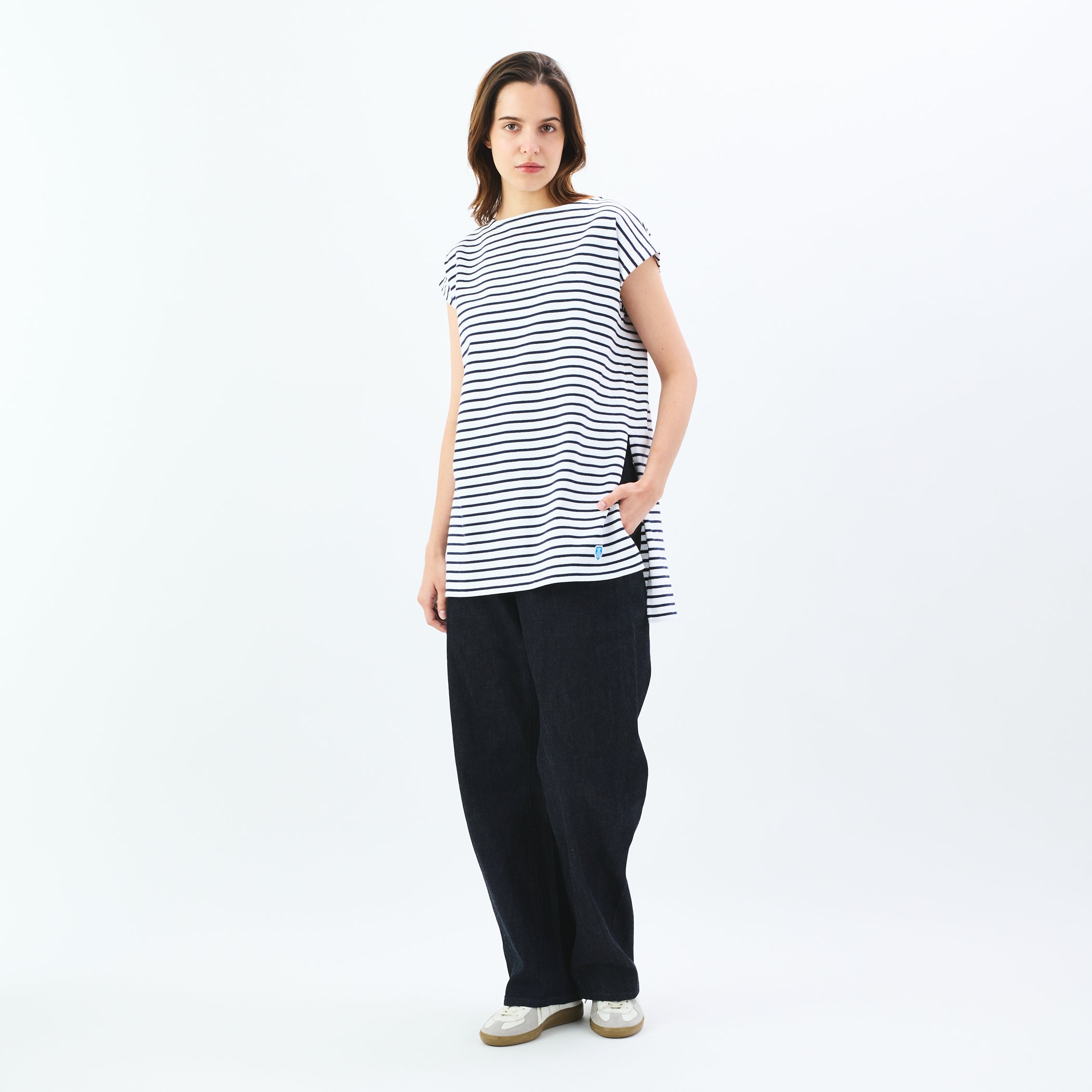Women's Cotton Lourd Long Slit Sleeveless Basque Shirt Narrow Stripe