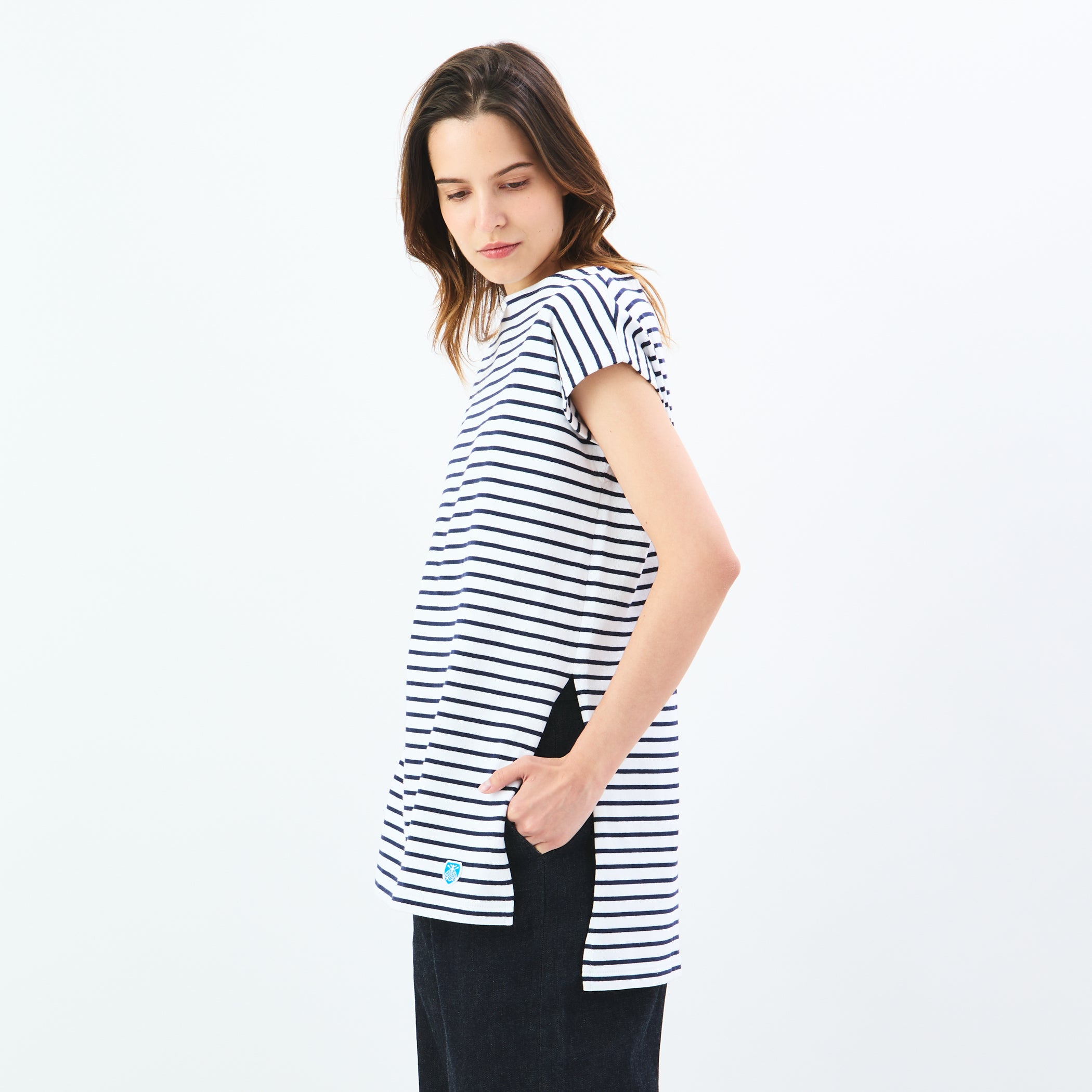 Women's Cotton Lourd Long Slit Sleeveless Basque Shirt Narrow Stripe