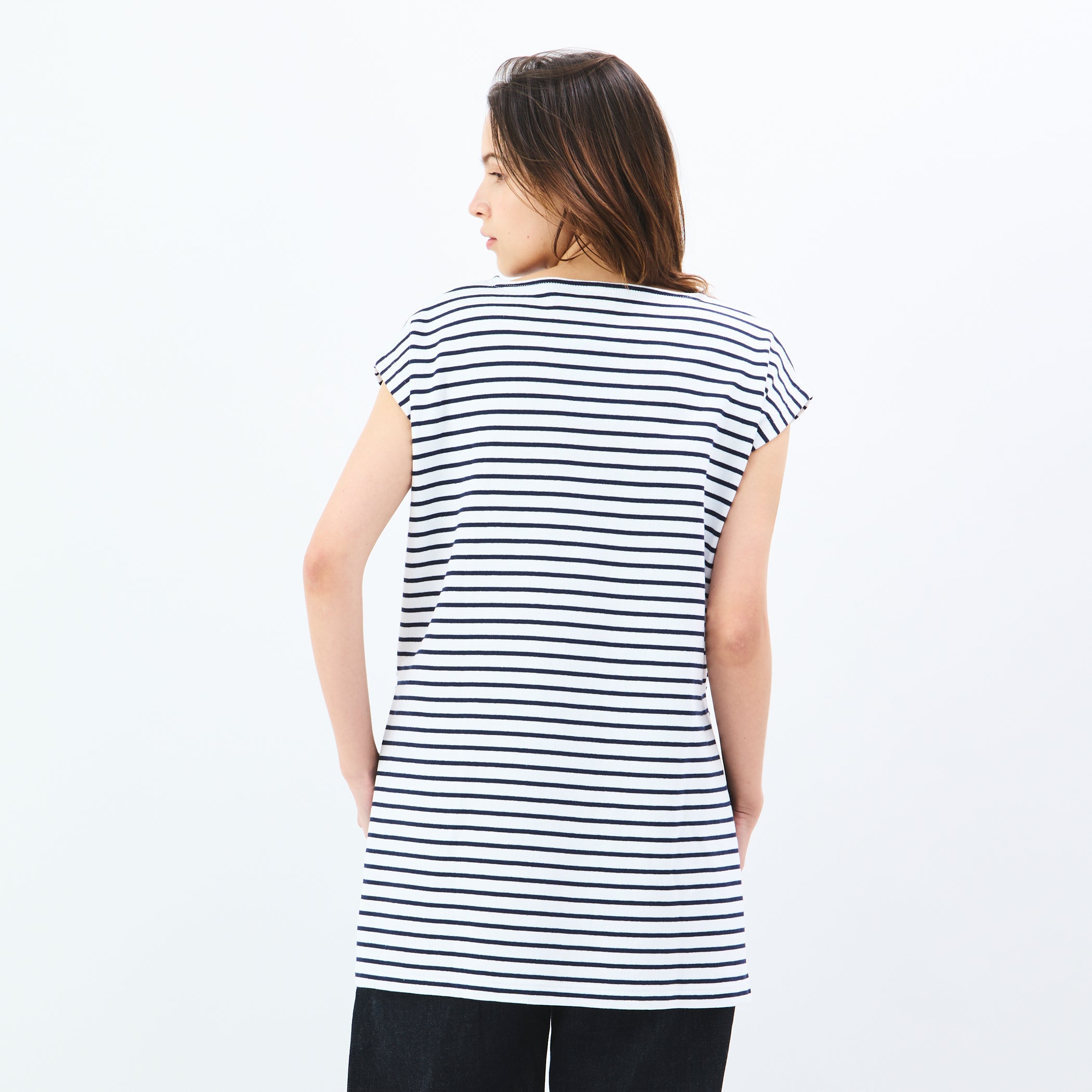 Women's Cotton Lourd Long Slit Sleeveless Basque Shirt Narrow Stripe