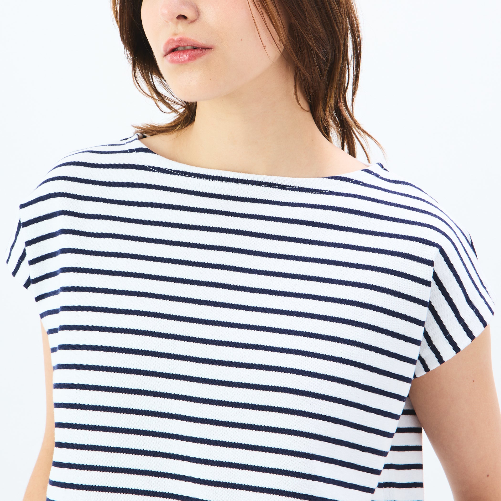 Women's Cotton Lourd Long Slit Sleeveless Basque Shirt Narrow Stripe