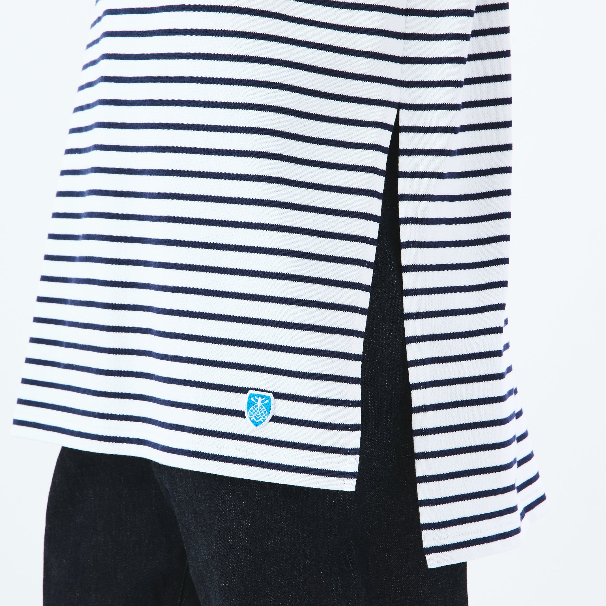 Women's Cotton Lourd Long Slit Sleeveless Basque Shirt Narrow Stripe