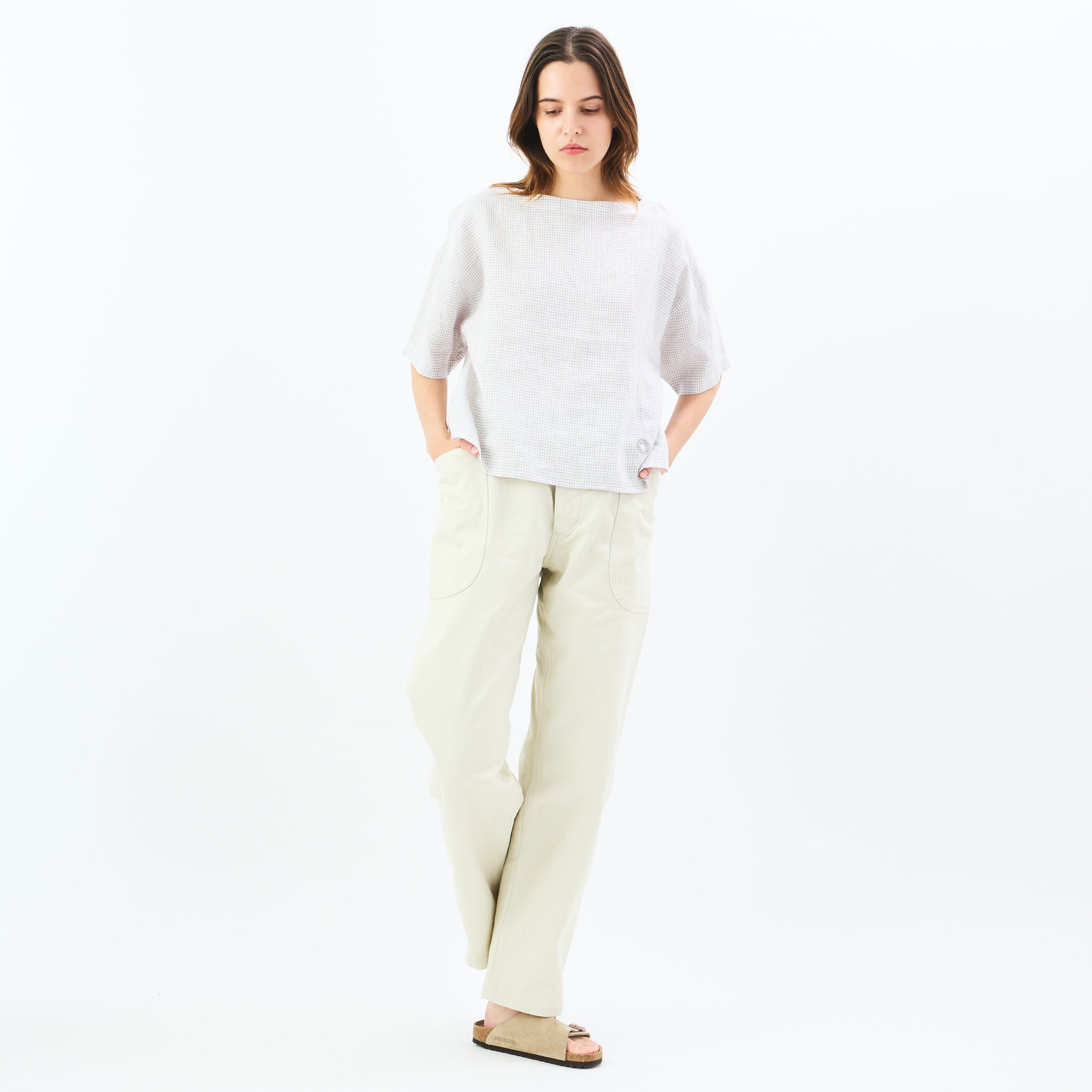 Women's Linen Half Sleeve Boat Neck Pullover Shirt Check