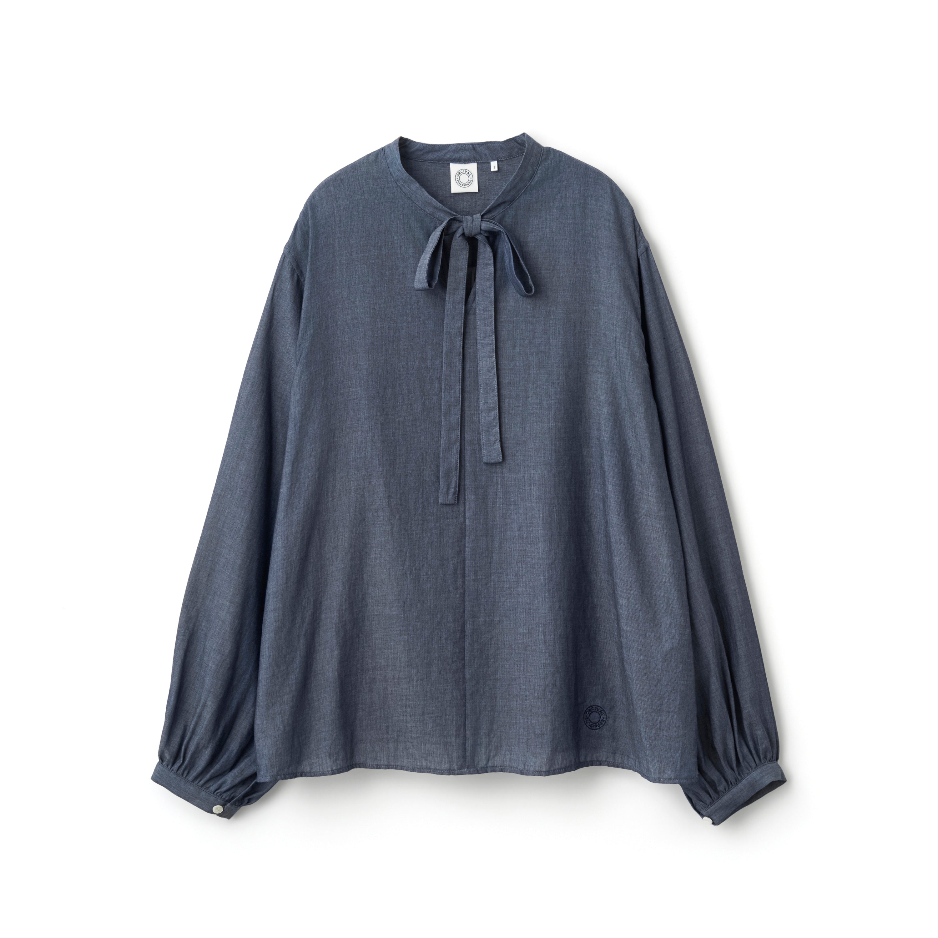 Women's Sheer Indigo Lawn Ribbon Collar Blouse