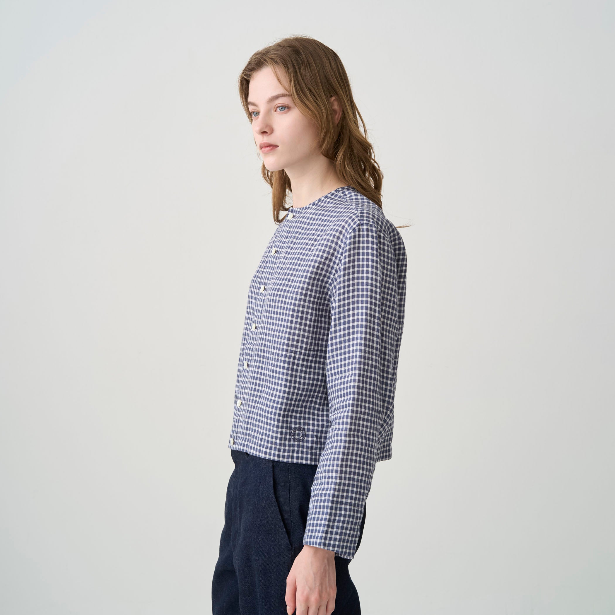 Women's Linen Crew Neck Check Cardigan