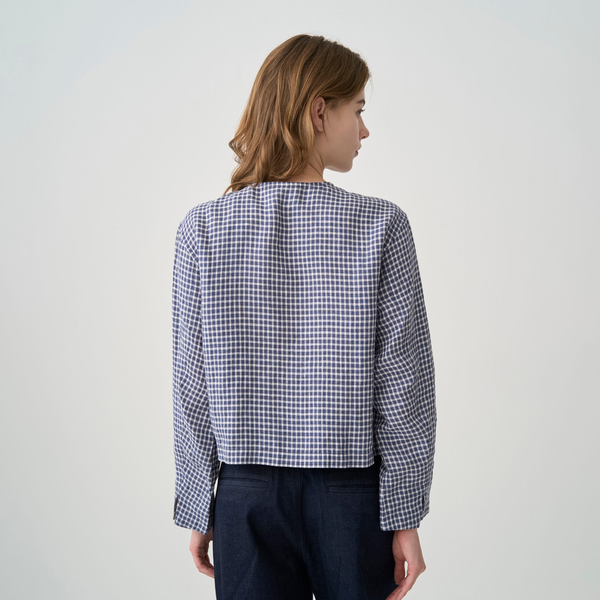 Women's Linen Crew Neck Check Cardigan
