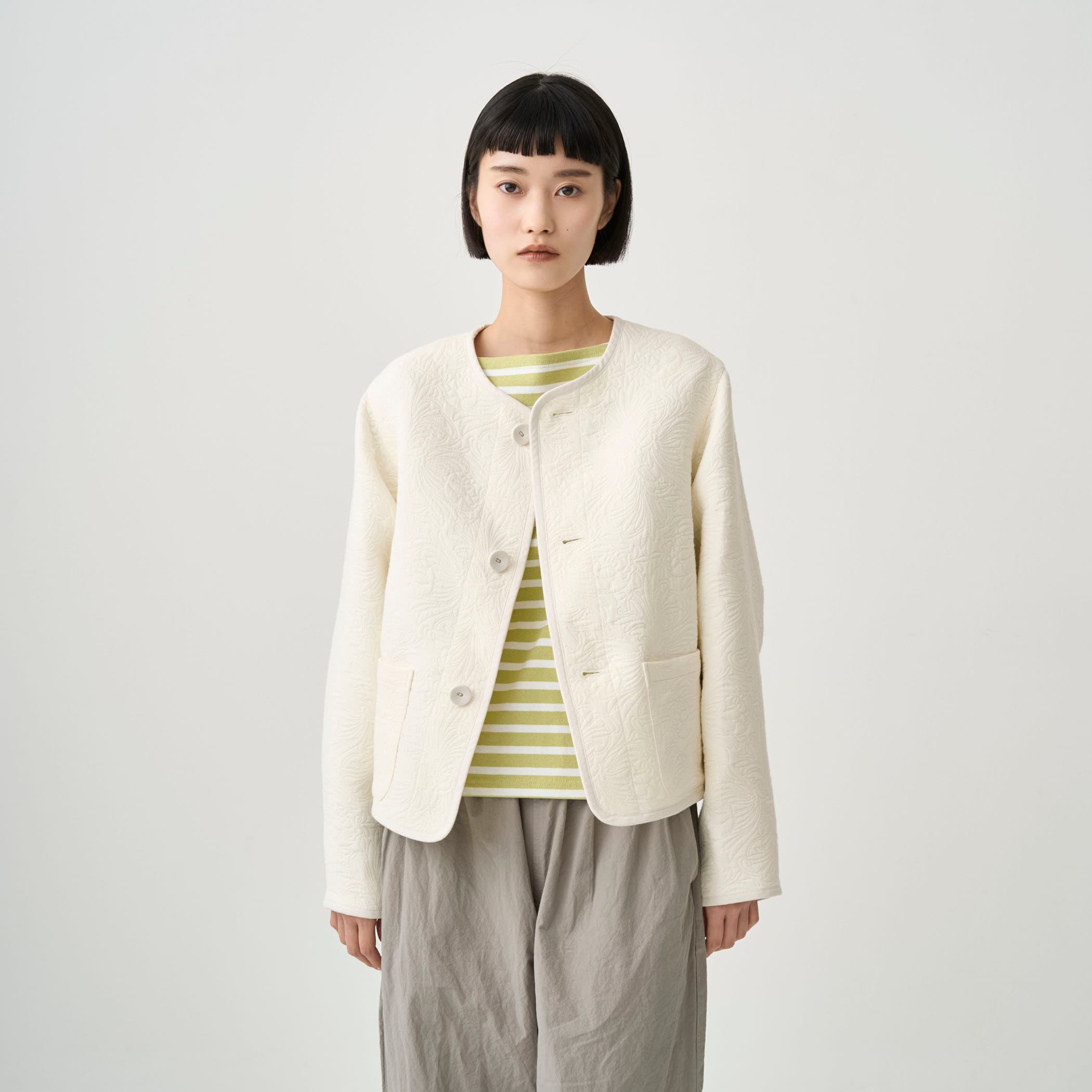 Women's Cotton Polyester Jacquared Collarless Jacket