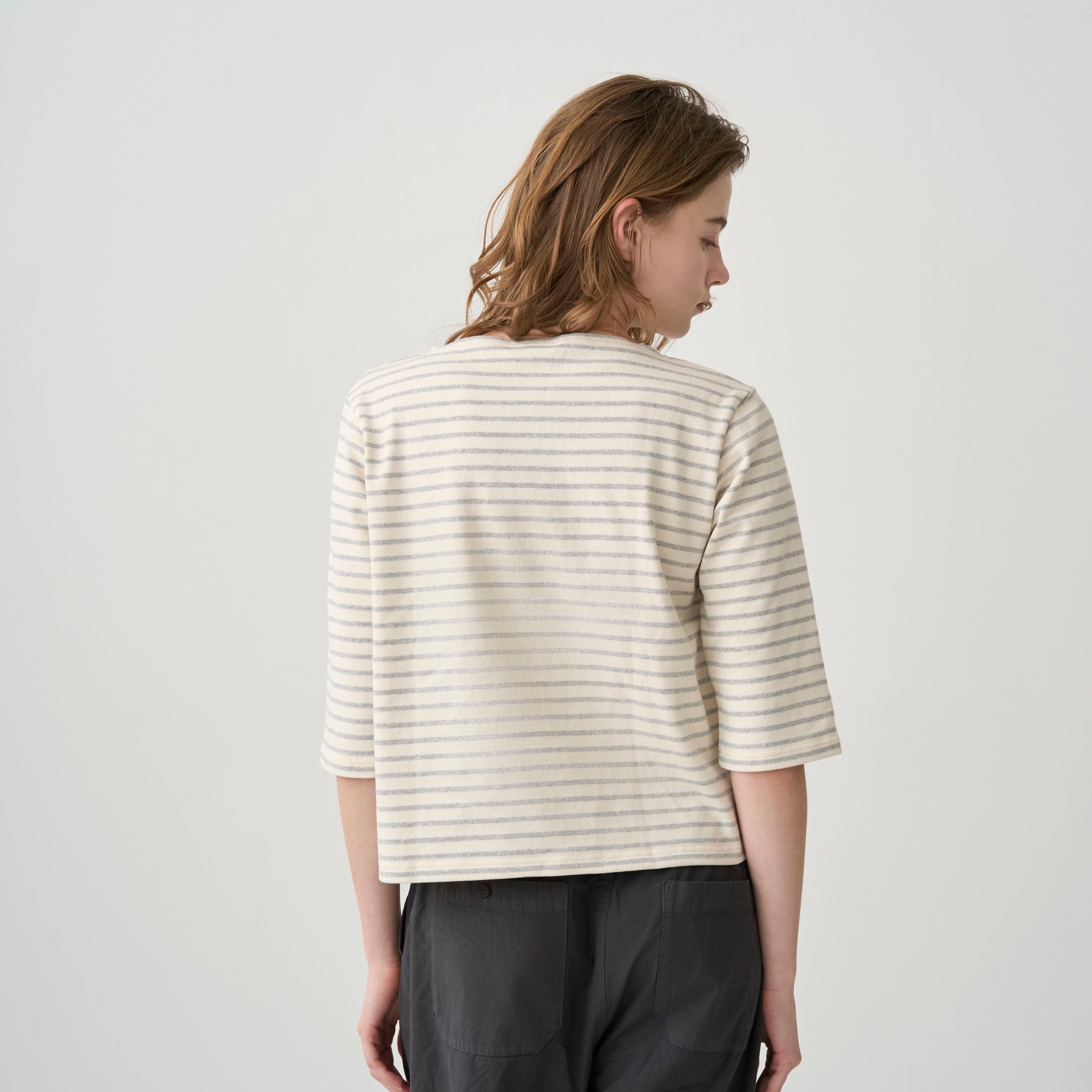 Women's Cotton Lourd Short Sleeve Boat Neck Basque Shirt Narrow Border