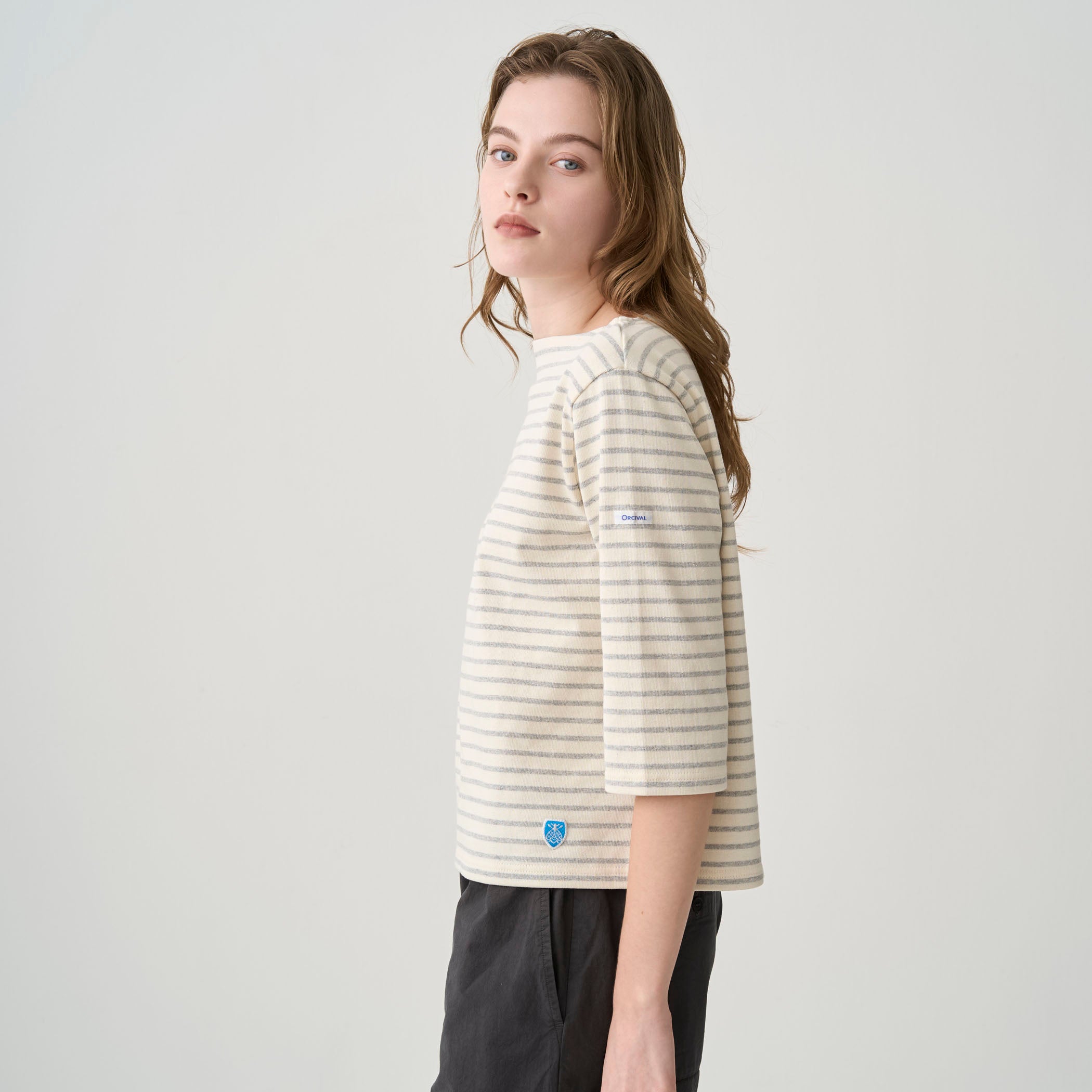 Women's Cotton Lourd Short Sleeve Boat Neck Basque Shirt Narrow Border