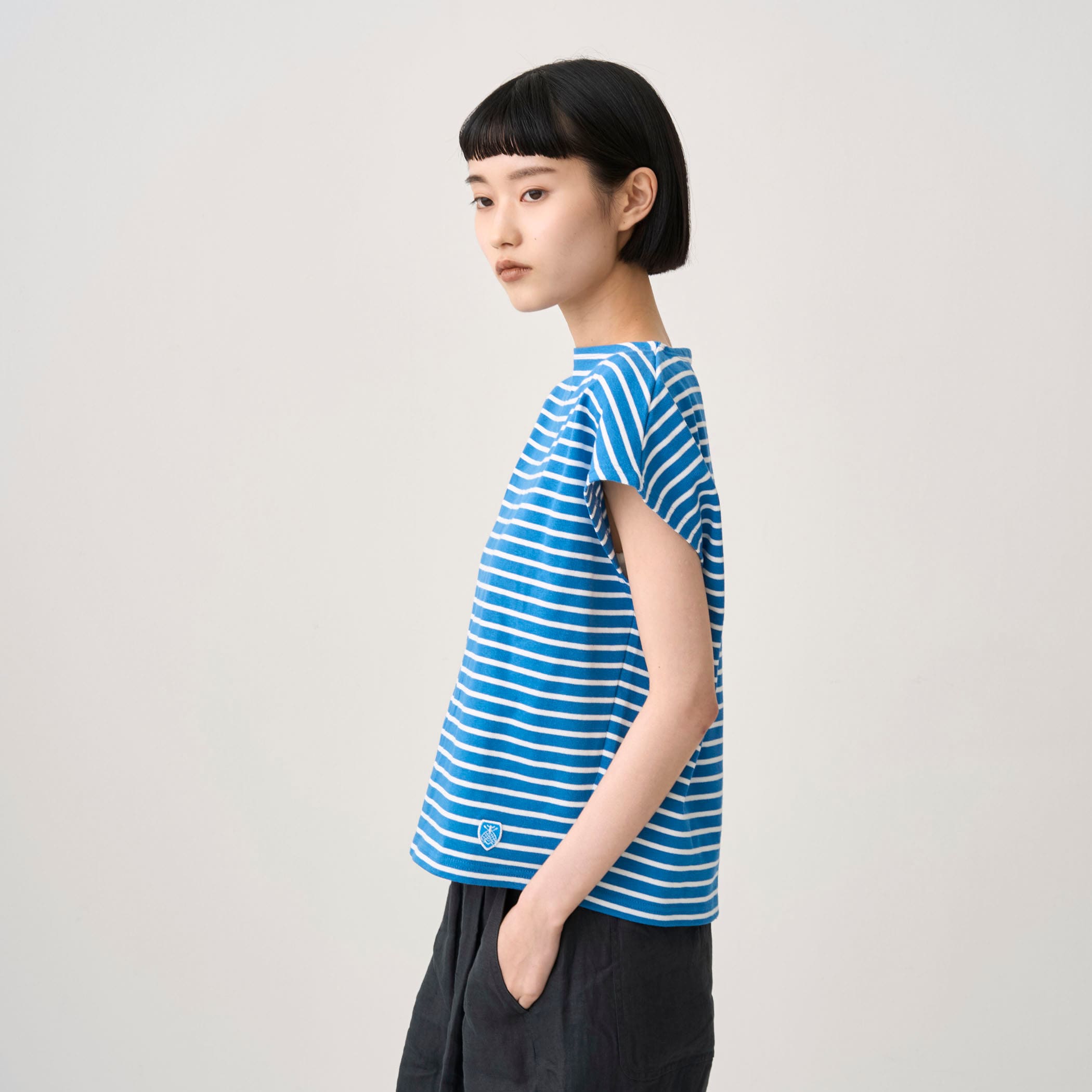 Women's Cotton Lourd Boat Neck French Sleeve Basque Shirt Narrow Border