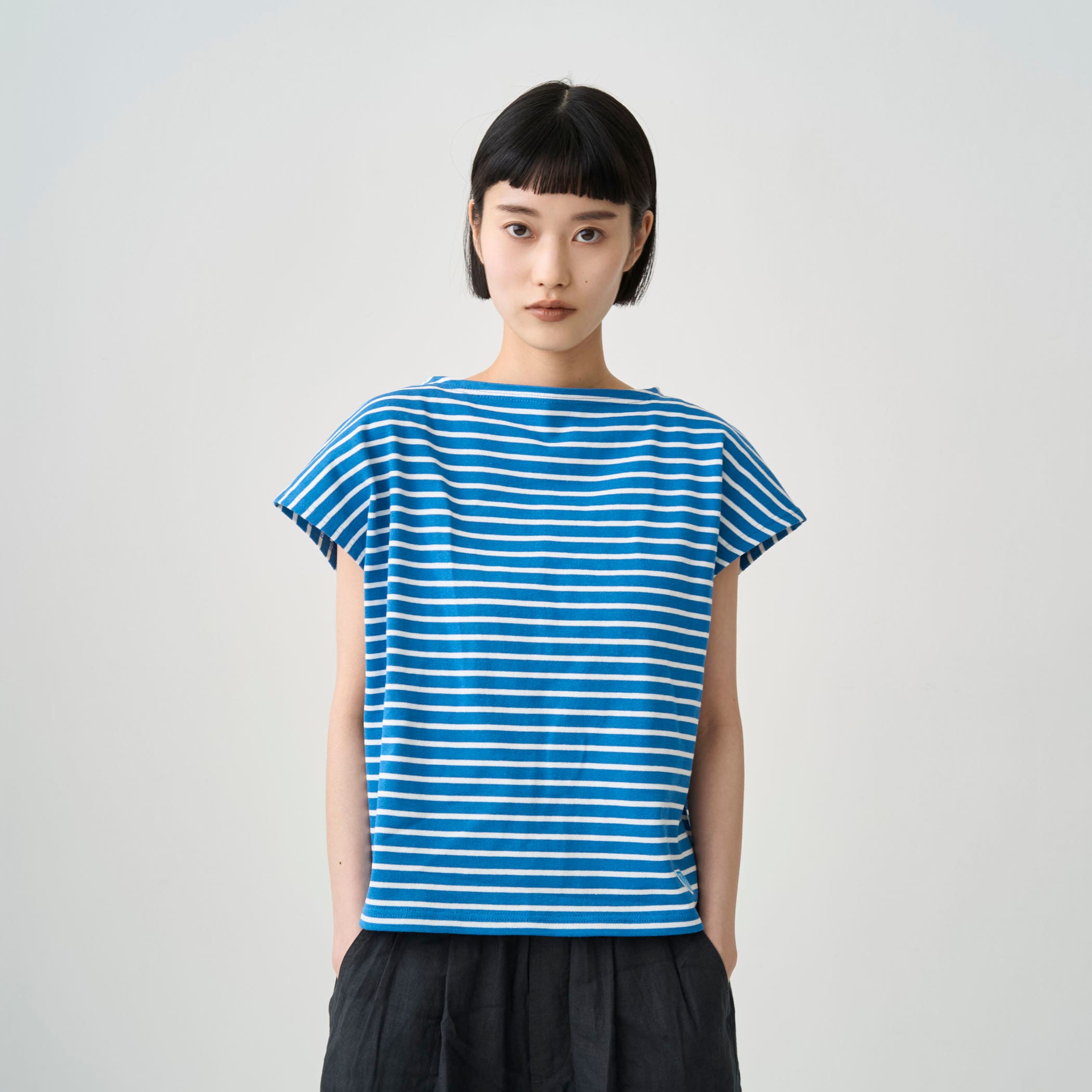 Women's Cotton Lourd Boat Neck French Sleeve Basque Shirt Narrow Border