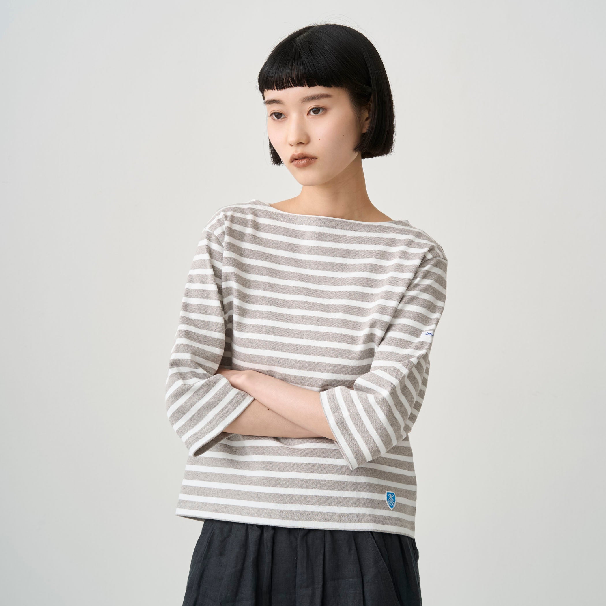 Women's Cotton Lourd Short Sleeve Boat Neck Basque Shirt Border