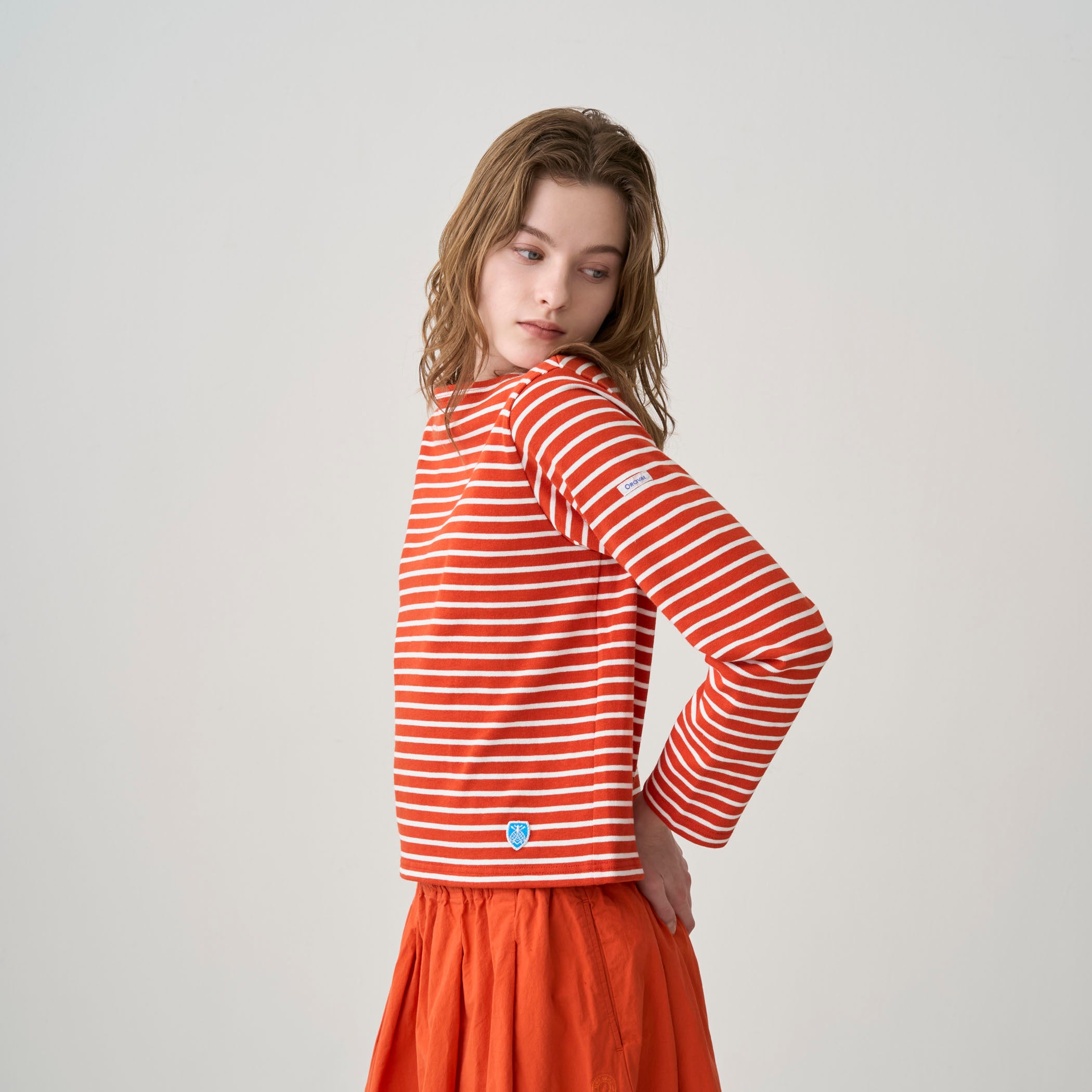 Women's Cotton Lourd Boat Neck Basque Shirt Narrow Border